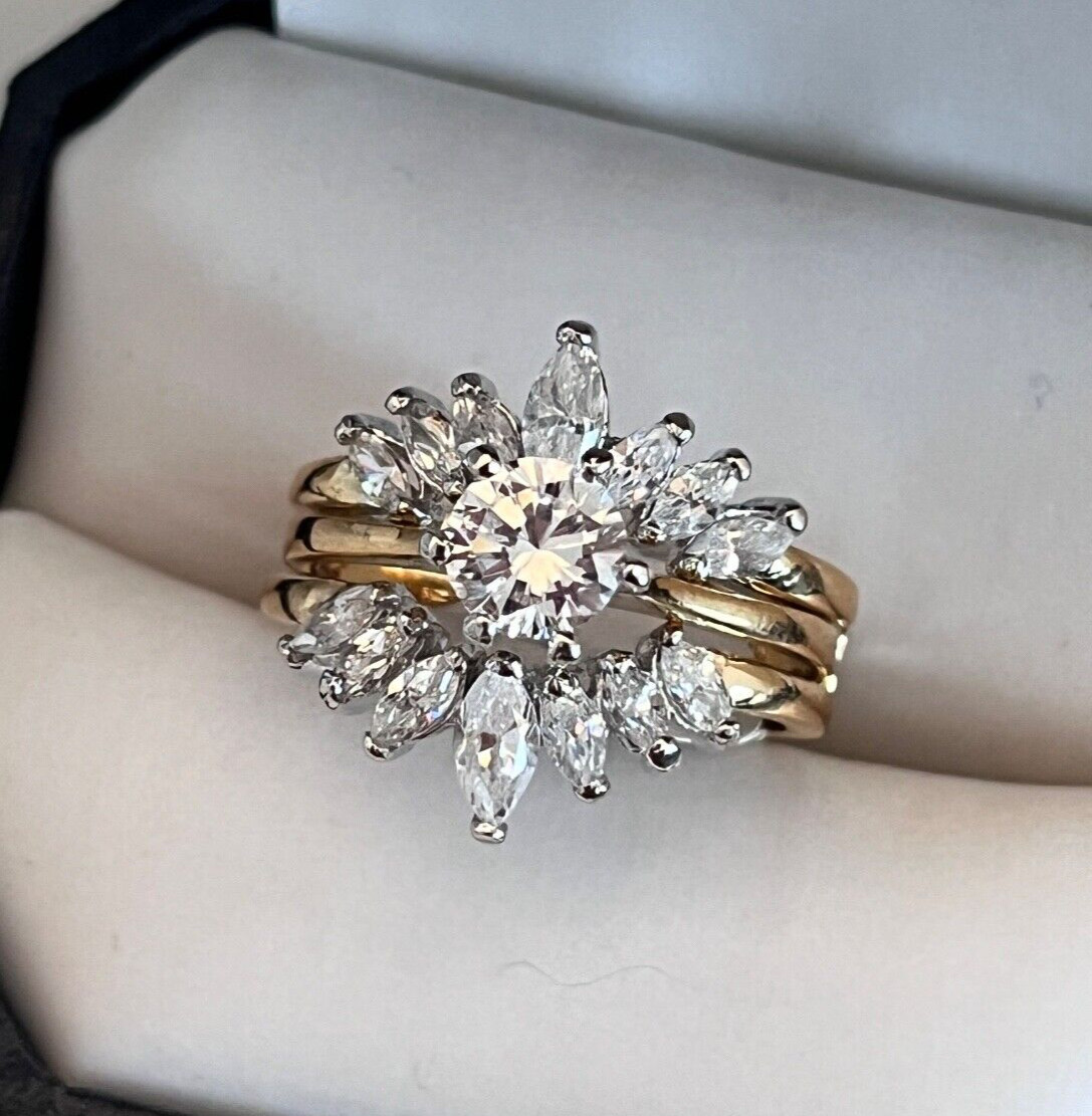 Vintage 1980s Wedding Ring Set Size 8 Cubic Zirconia 14K Gold Plate – 14F