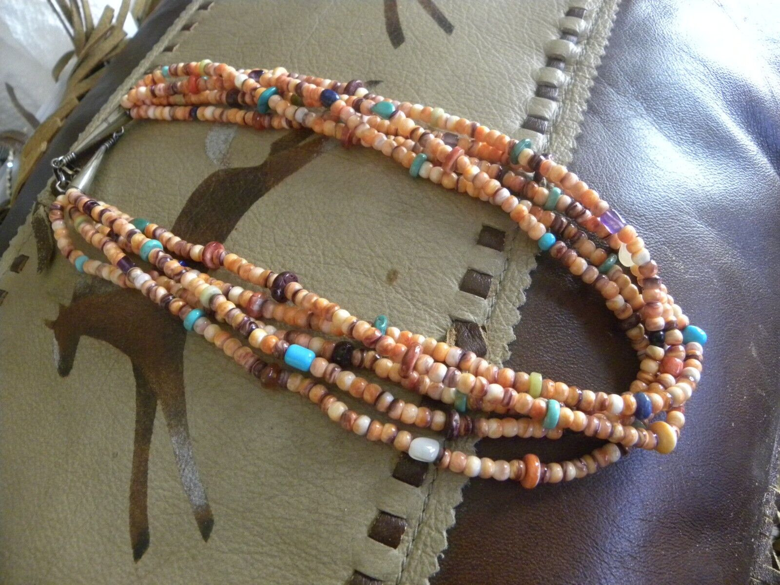 Spiny Oyster, Heishi, sterling silver Navajo Strand Necklace 18″ 20″ ~ 64 gram