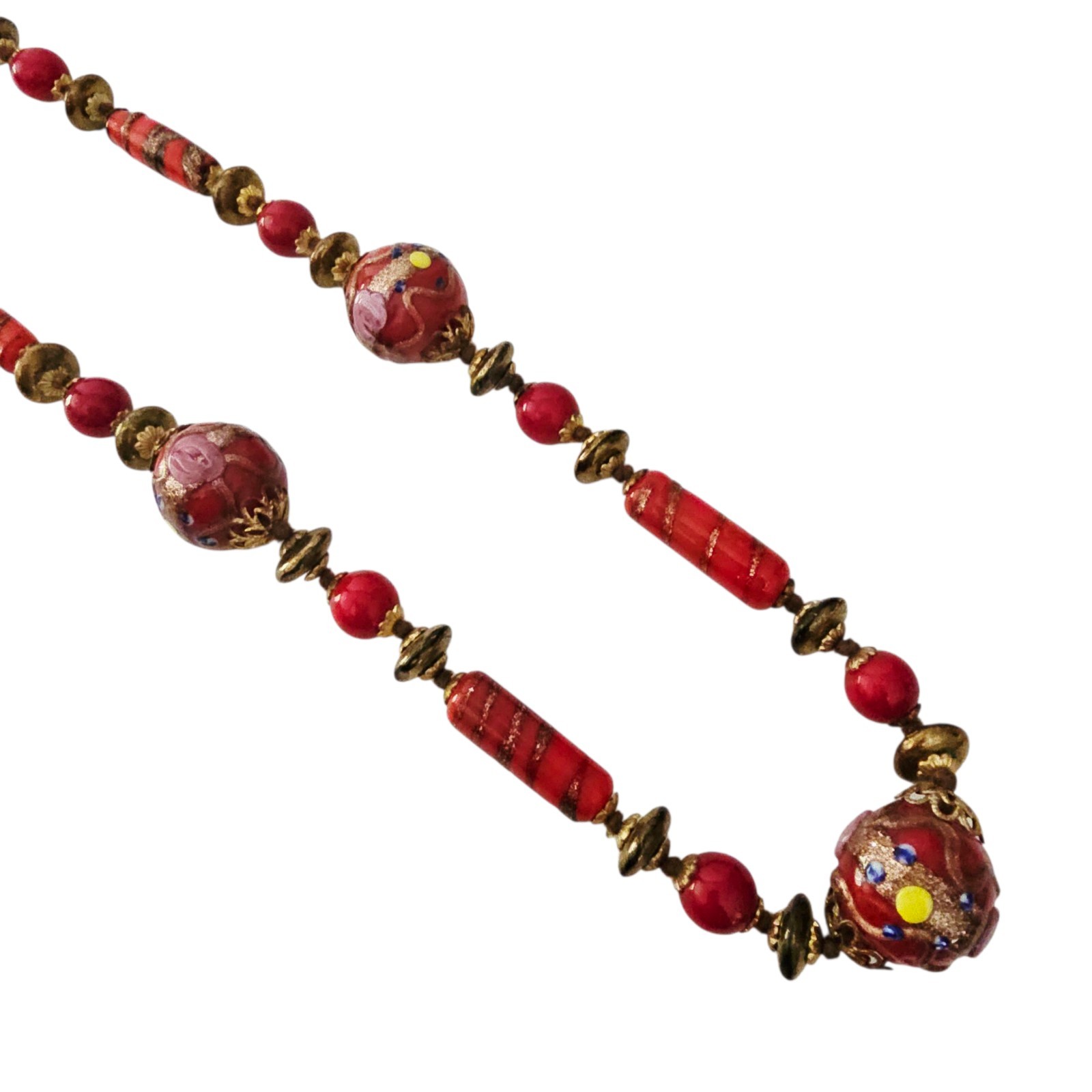Venetian Murano Red Copper Wedding Cake Bead Necklace Hand Knot Vintage 30”
