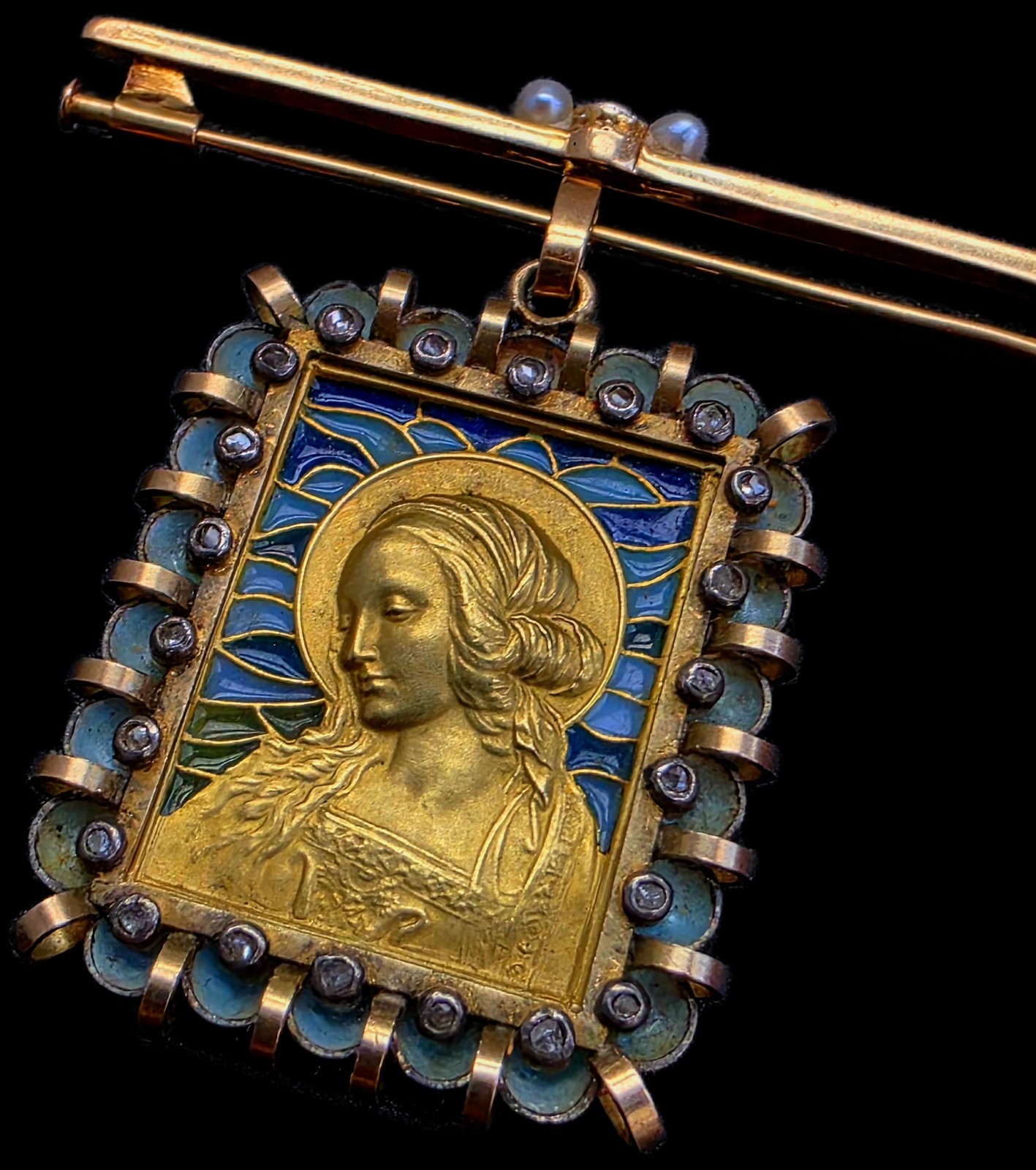 Fine Antique Art Deco 18K Gold Plique a Jour Virgin Mary Pendant Brooch C 1930