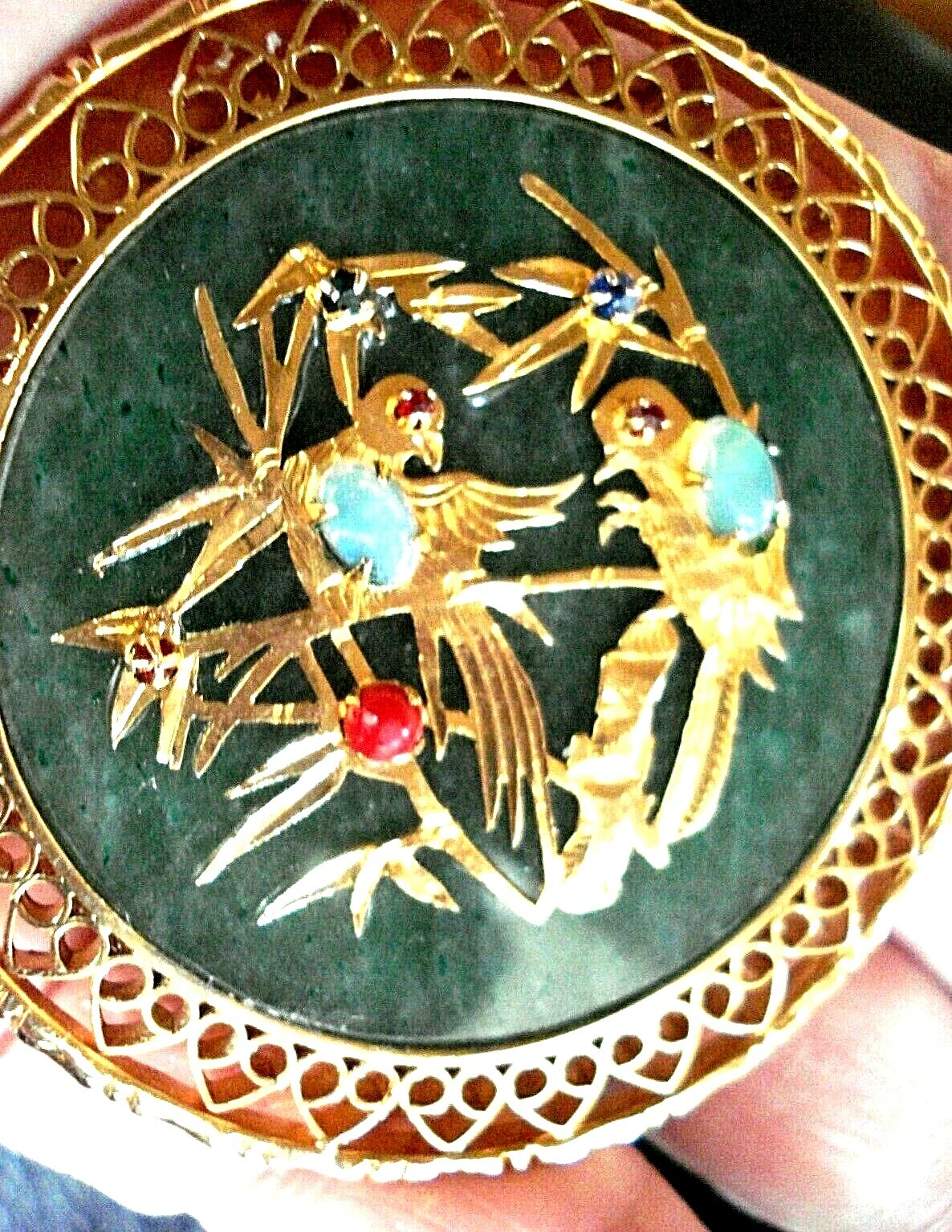 RARE Beautiful Vtg. Chinese Gold-Pl Jade & Gemstone Bird Pendant