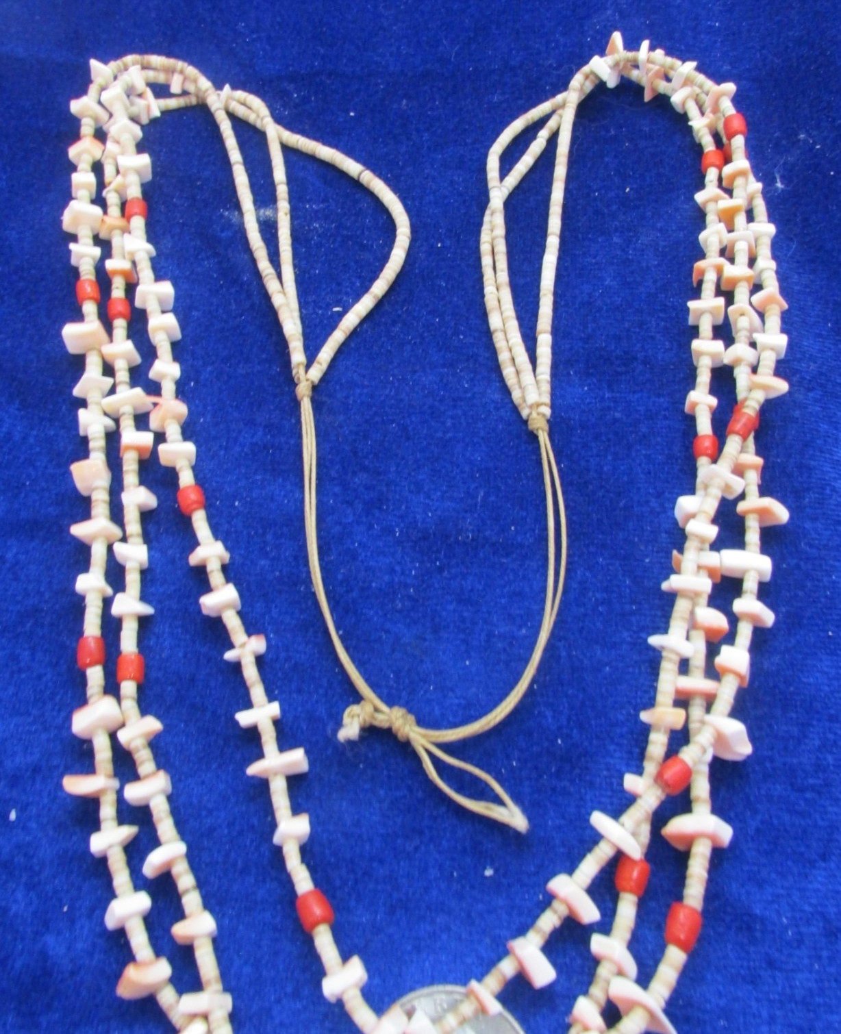 VTG SW 3 STRAND LIGHT SHELL HEISHI & PINK SHELL AND RED BEADS, NO METAL