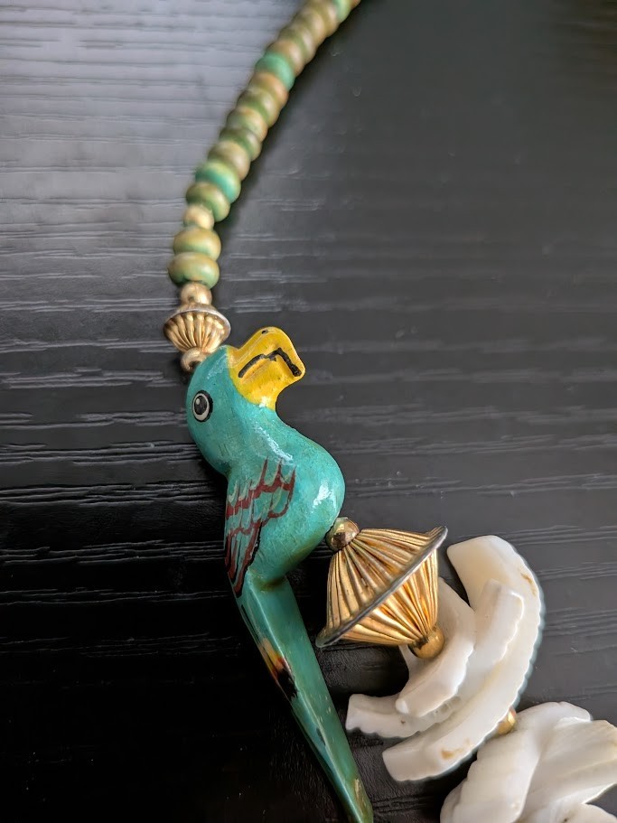Vintage Seashell Necklace With Ceramic Parrot Wood Beads 22″ Long