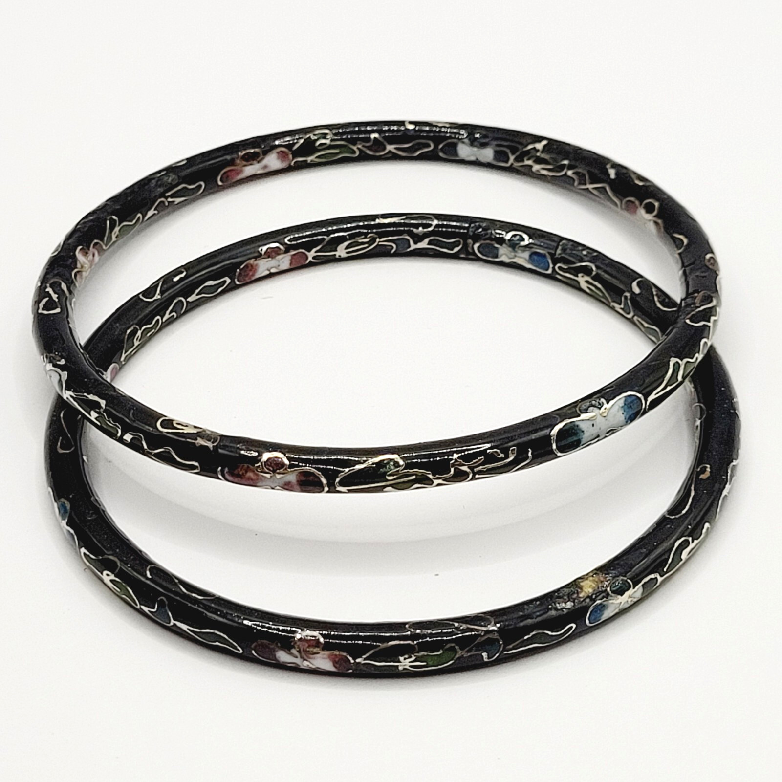 2 Cloisonné Asian Inspired Black Dark Shiny Floral Hand Painted Bangle Bracelet