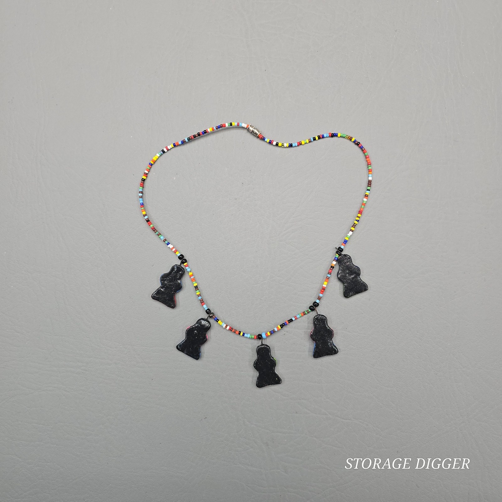 Vintage Folk Art Ceramic Doll Charm Necklace Multicolor Seed Bead Handmade 19″