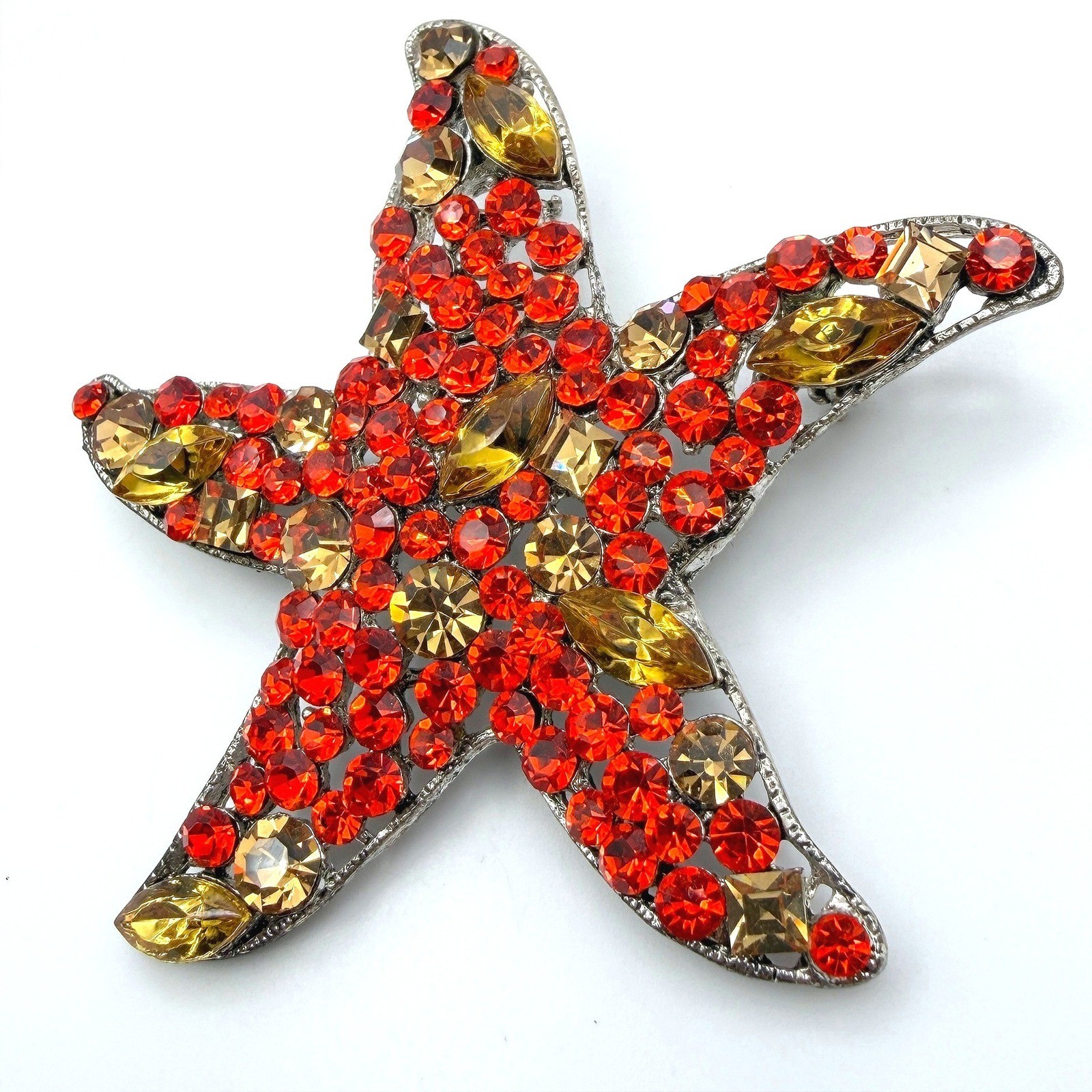 Vintage Red Yellow Rhinestones Silver-Tone Aluminium Starfish-Shaped Brooch Pin