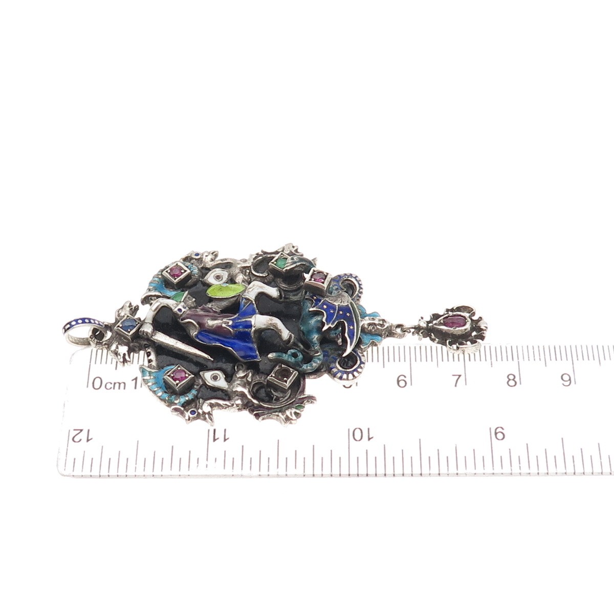Antique Austro-Hungarian Silver Enamel Multi-Color Gem Pendant (missing 1 stone)