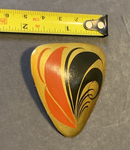 Vintage Traditional Folk Art Wooden Triangular Pin Made in USSR Red Gold Black