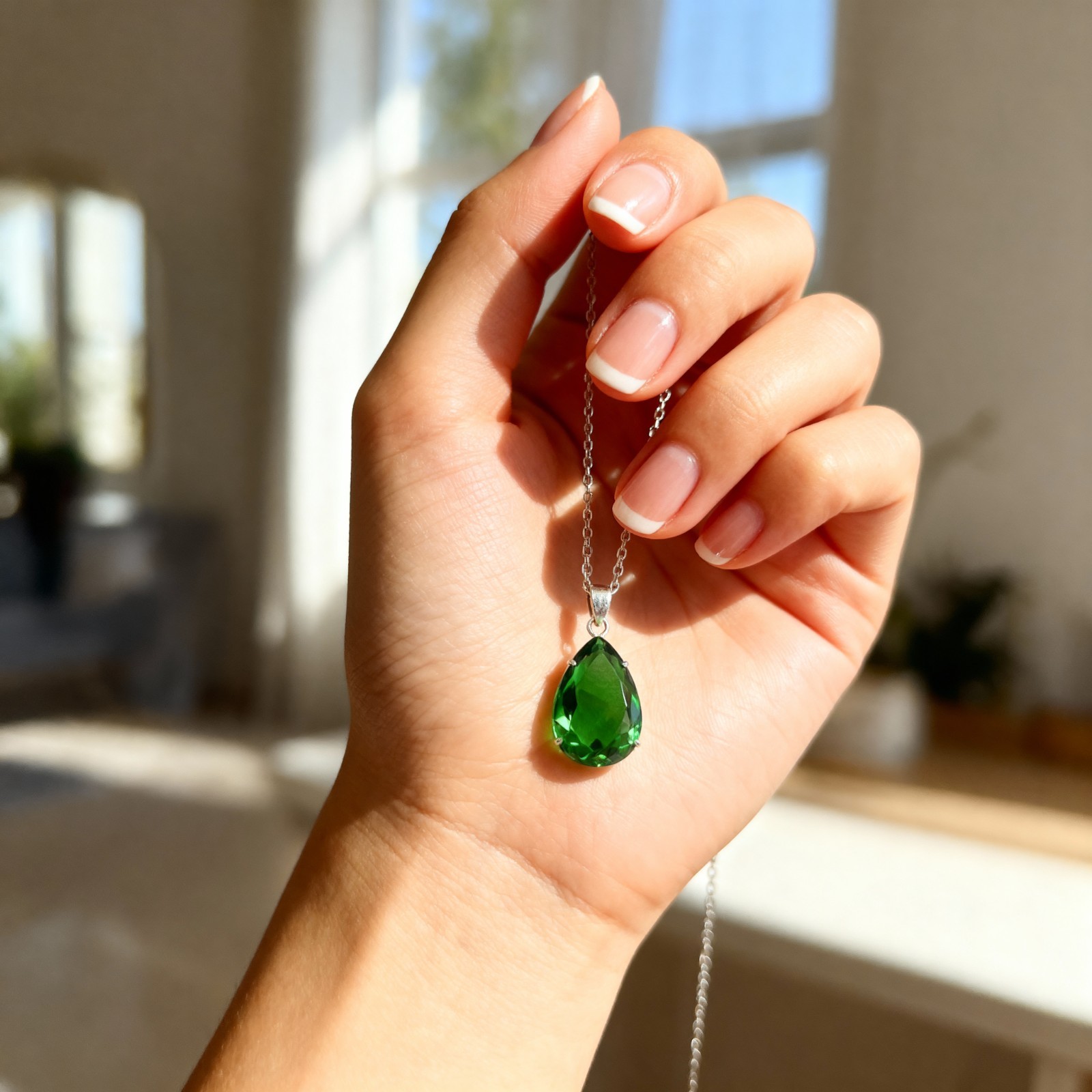 Emerald Pear Cut Sterling Silver Pendant Necklace: 70-80 Carat Gemstone
