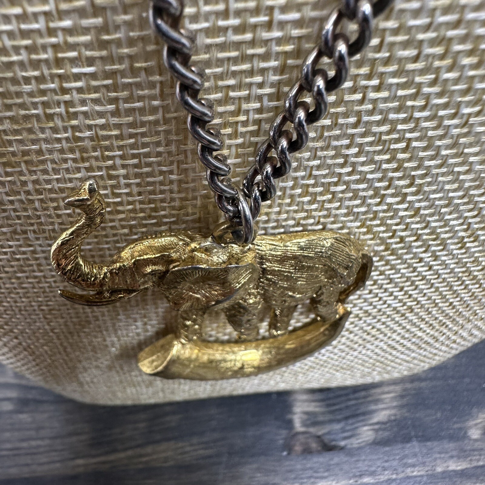 Vintage Elephant on Tusk Necklace Gold Tone Large Pendant Safari Estate Find