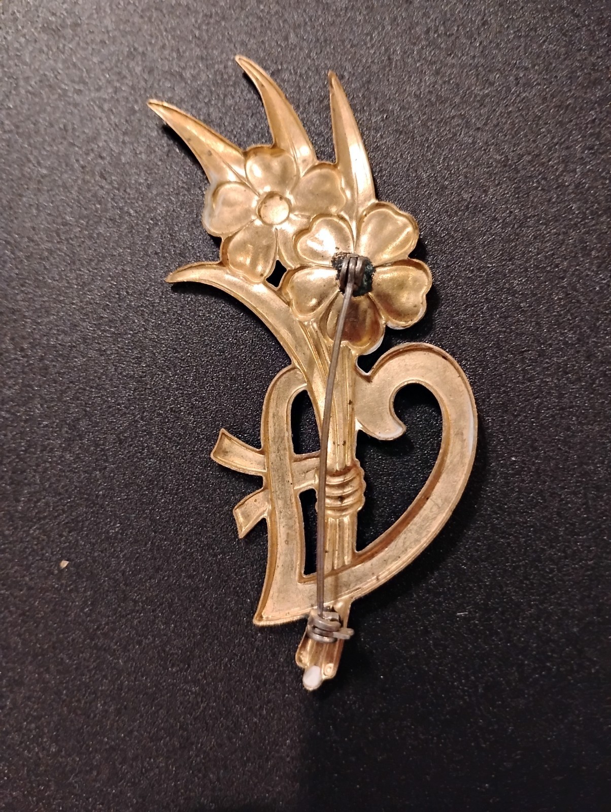 Vintage Heart And Flower Gold Tone Brooch Pin 3″