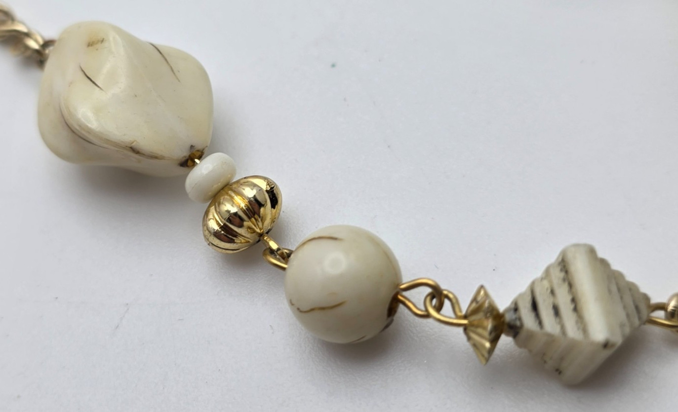 Vintage Lucite Beaded Necklace Cream Black Gold Tone 34 in Long Lightweight