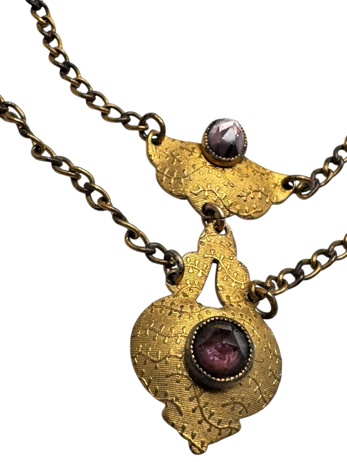 Antique Edwardian Gold Filled Festoon Necklace Rose Cut Purple Paste Stones