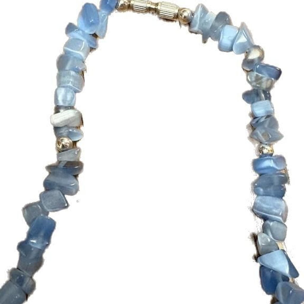 Vintage Blue Cat’s Eye Glass Chip Beaded Necklace with Matching Pendant