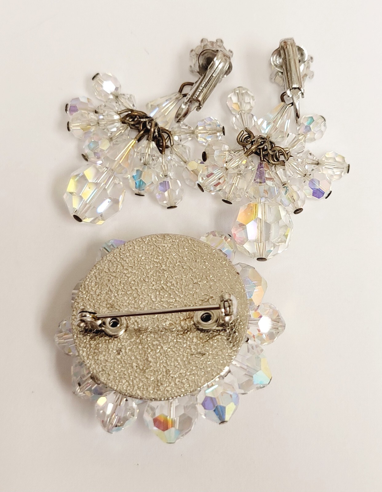 Vintage Clear Glass Crystal AB Bead Chandelier Earrings & Crystal Cluster Brooch