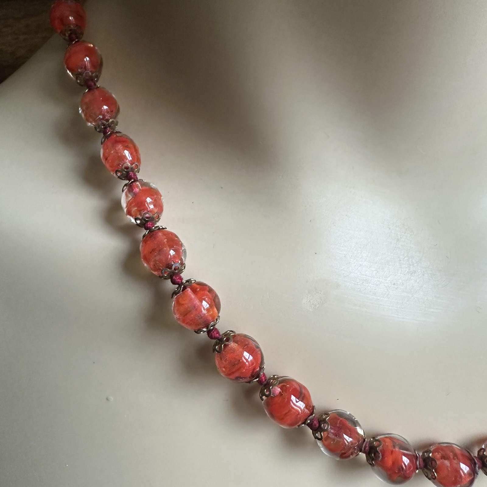 Vintage Beaded Necklace 17.5 in Venetian Murano Art Glass Cased Red Orange Gold