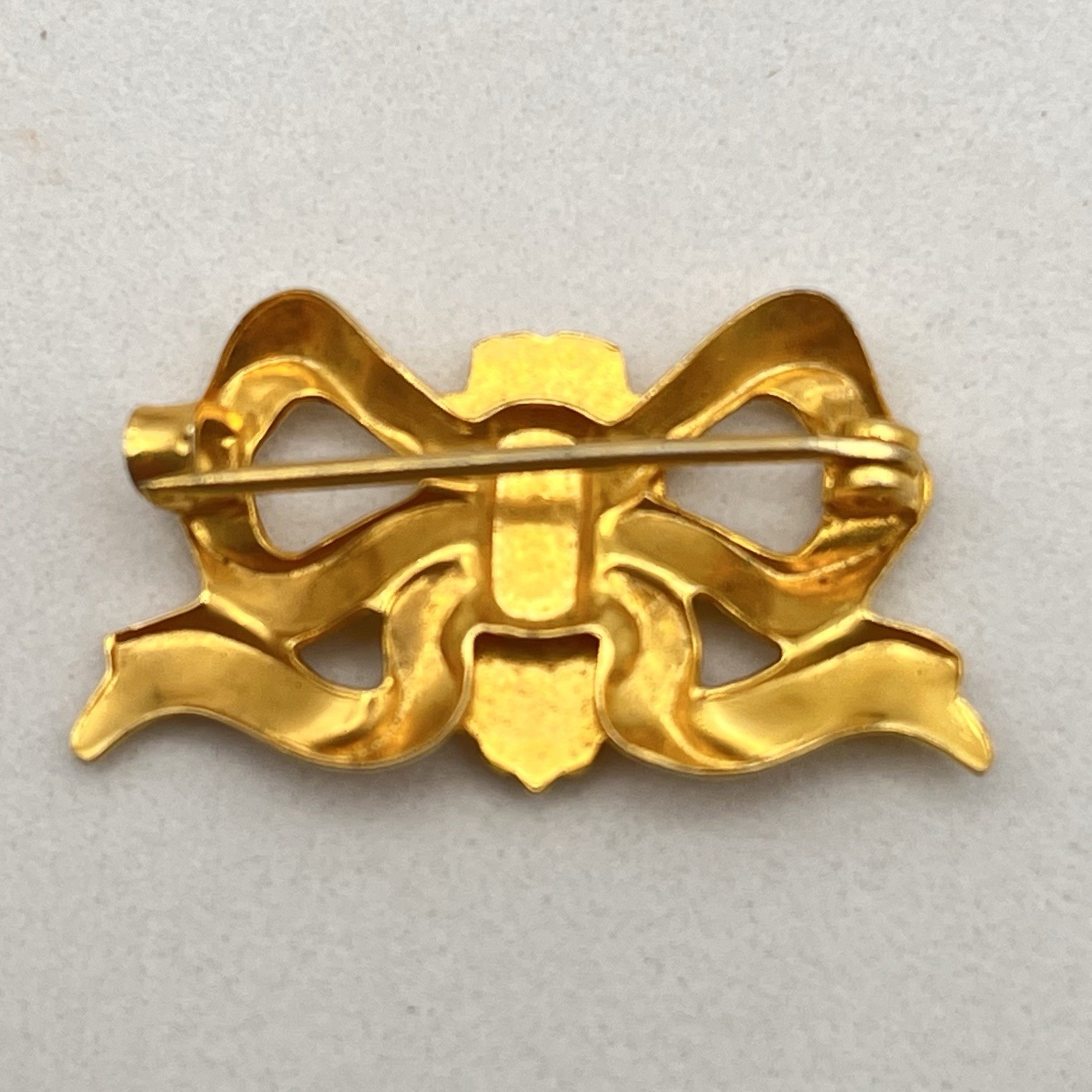 Vintage Cross Shield Religious Brooch Gold Tone Bow Blue Enamel Pin 1″