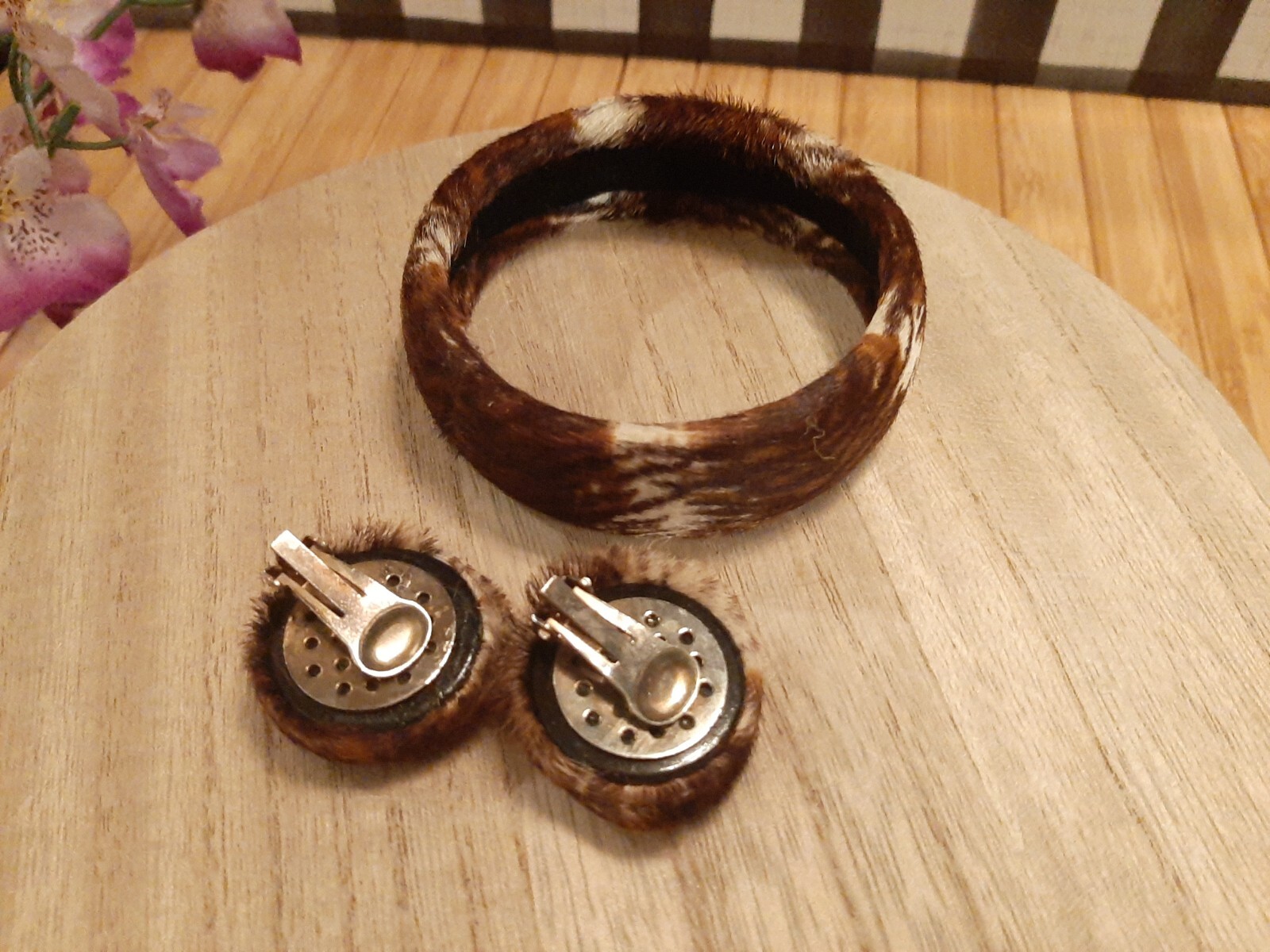 Vintage Faux Fur Animal Print Earrings & Bracelet Set ~ Brown & White Stripes