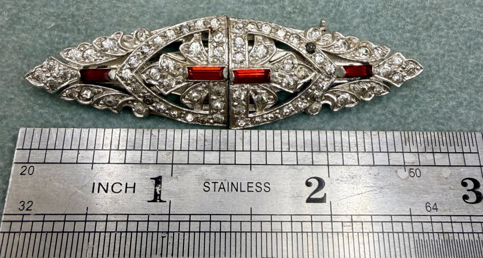 Vintage Art Deco Duette Dress Clip Brooch Red Baguette Rhinestone