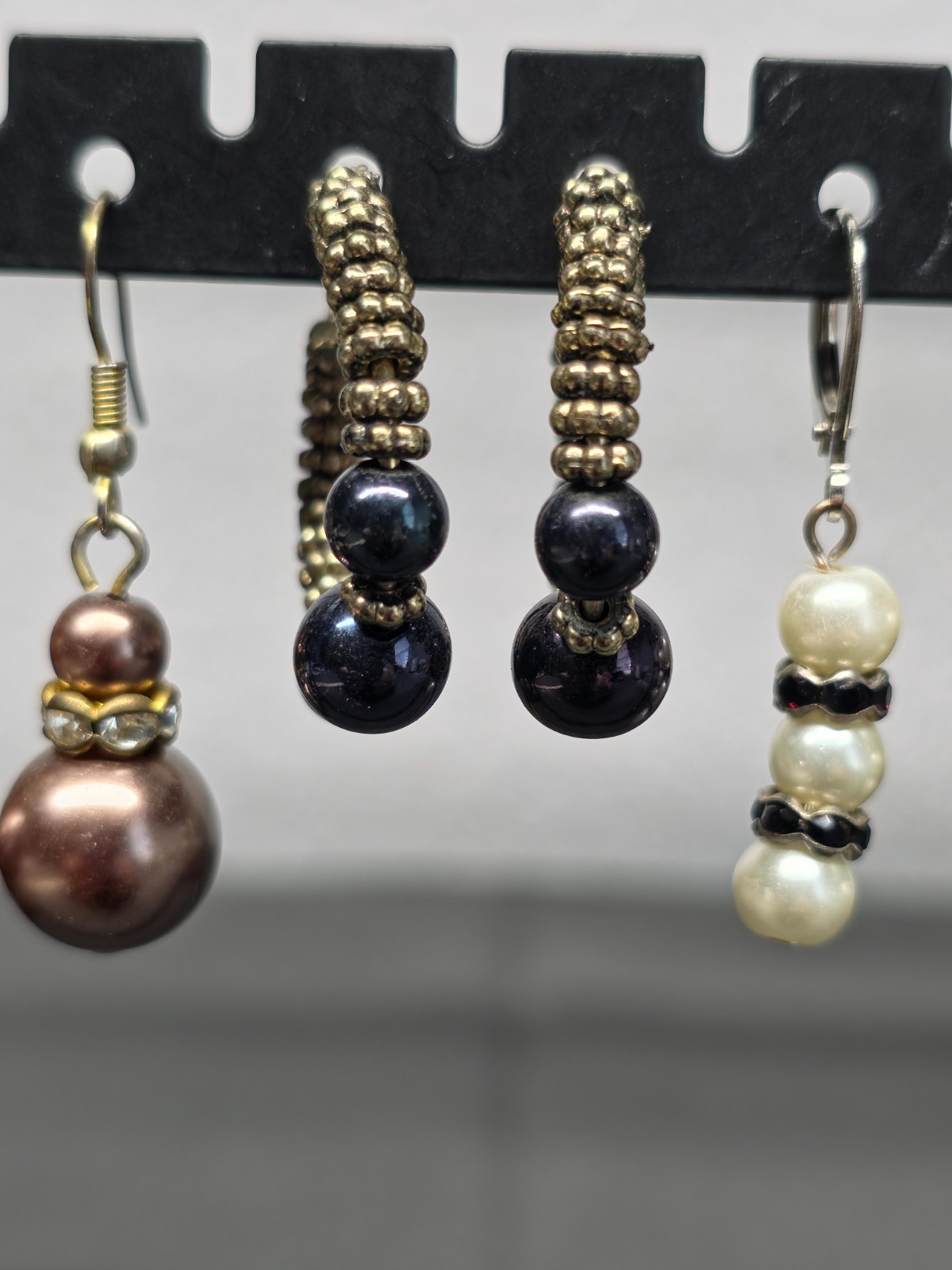 Lot of 3 Vintage Pearl Dangle Earrings Rhinestone Rondelle Hoop Latch Leverback