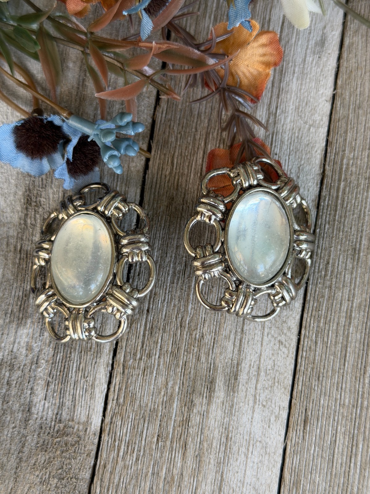 Vintage Silver Tone Clip On Earrings Faux Moonstone Cabochon Oval Statement