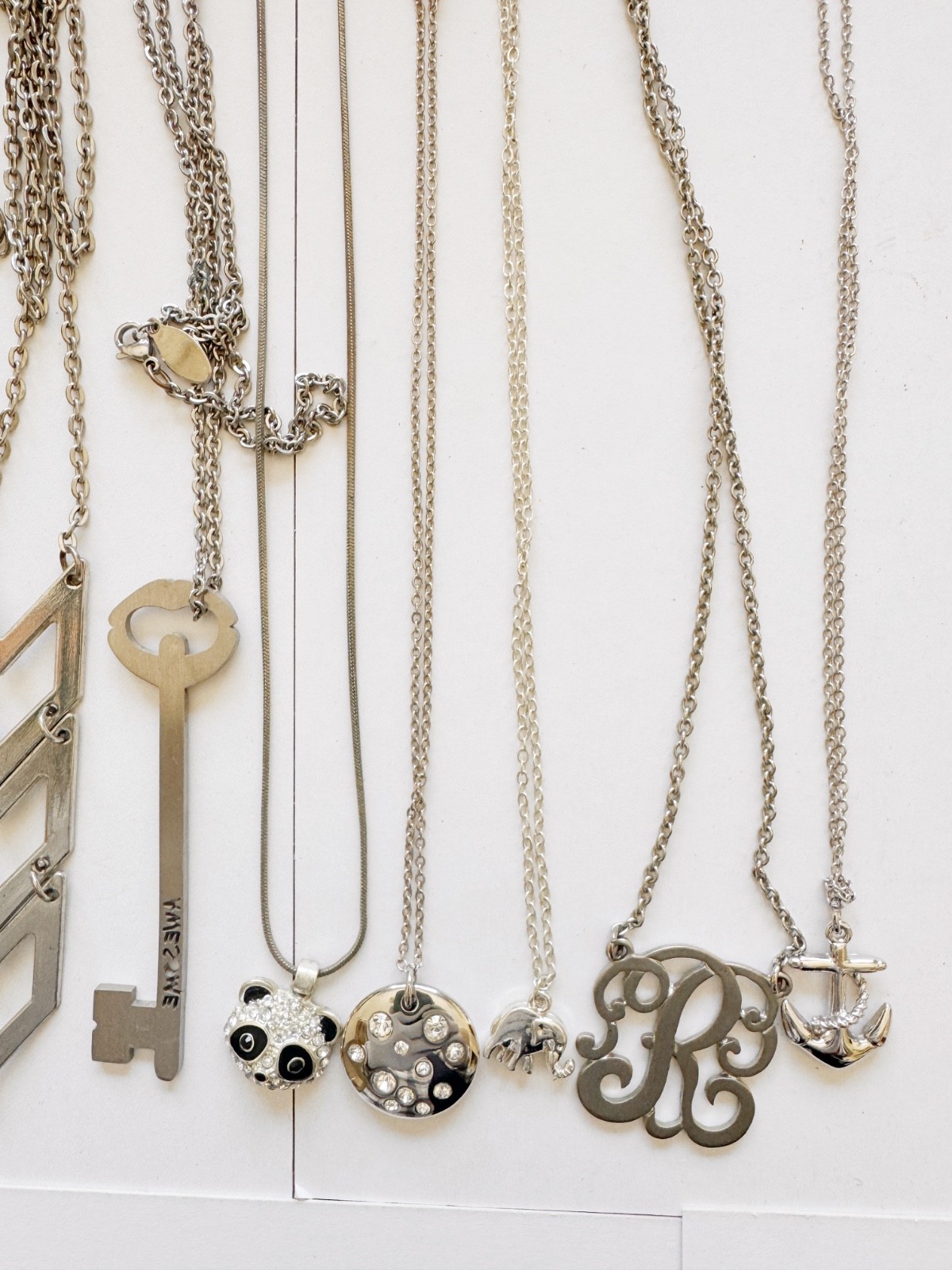Vintage Silver Tone Necklace Lot 10 PCS Key Initial Pearl Pendant Layering Chain