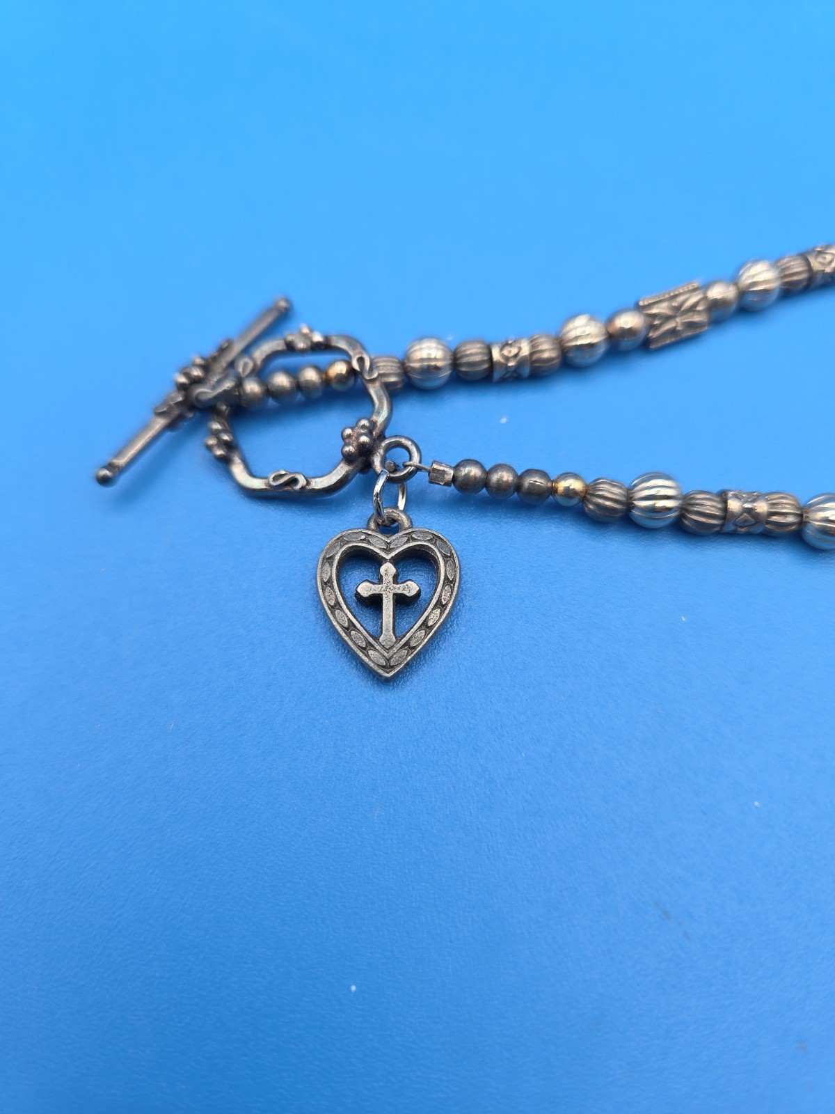 Vintage Silver Toned Toggle Bracelet With Cross & Heart