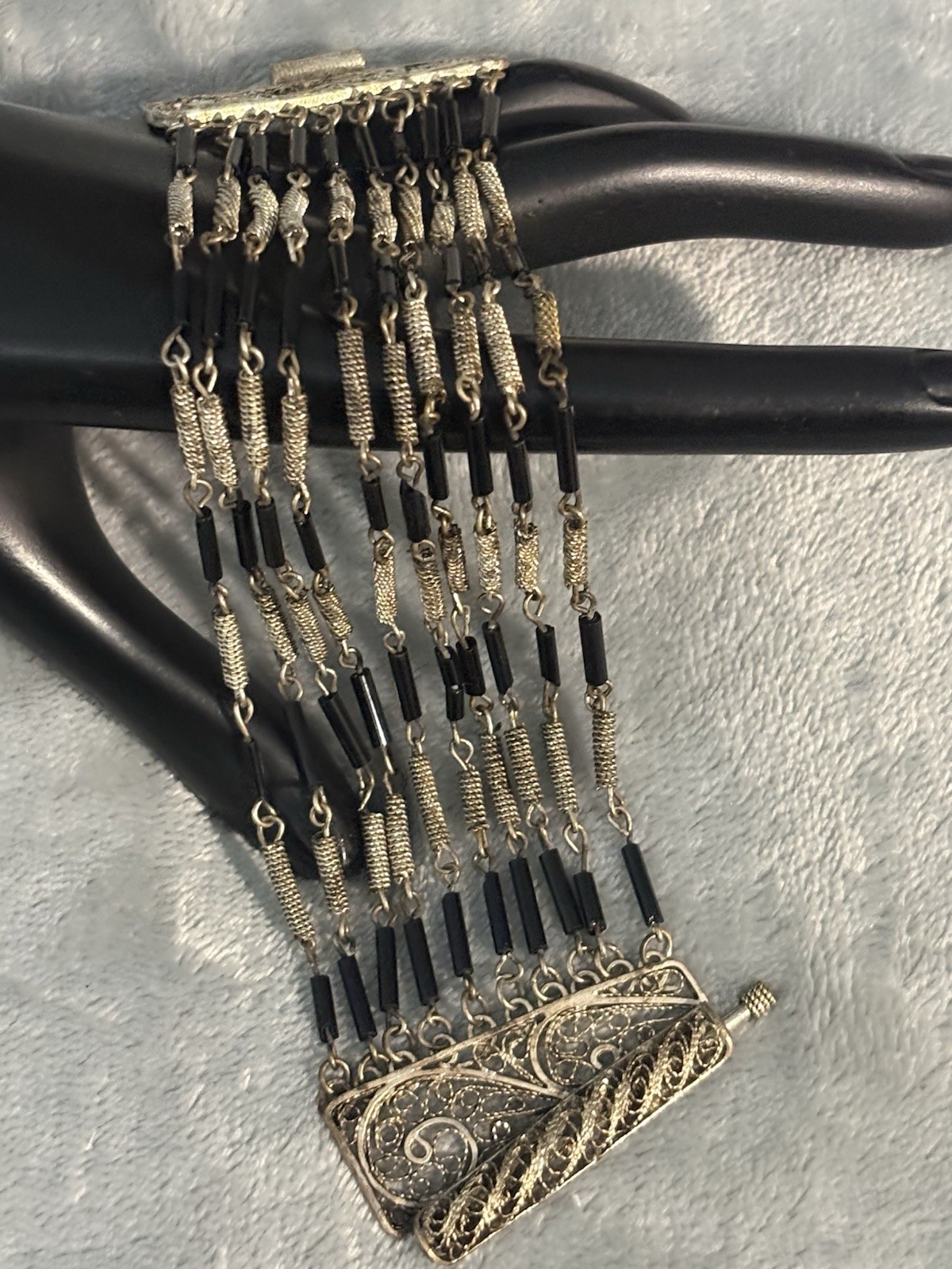 Vintage Multi Strand Wire Wrap Bracelet Filigree Black Tube Bead Metalwork 6.4”