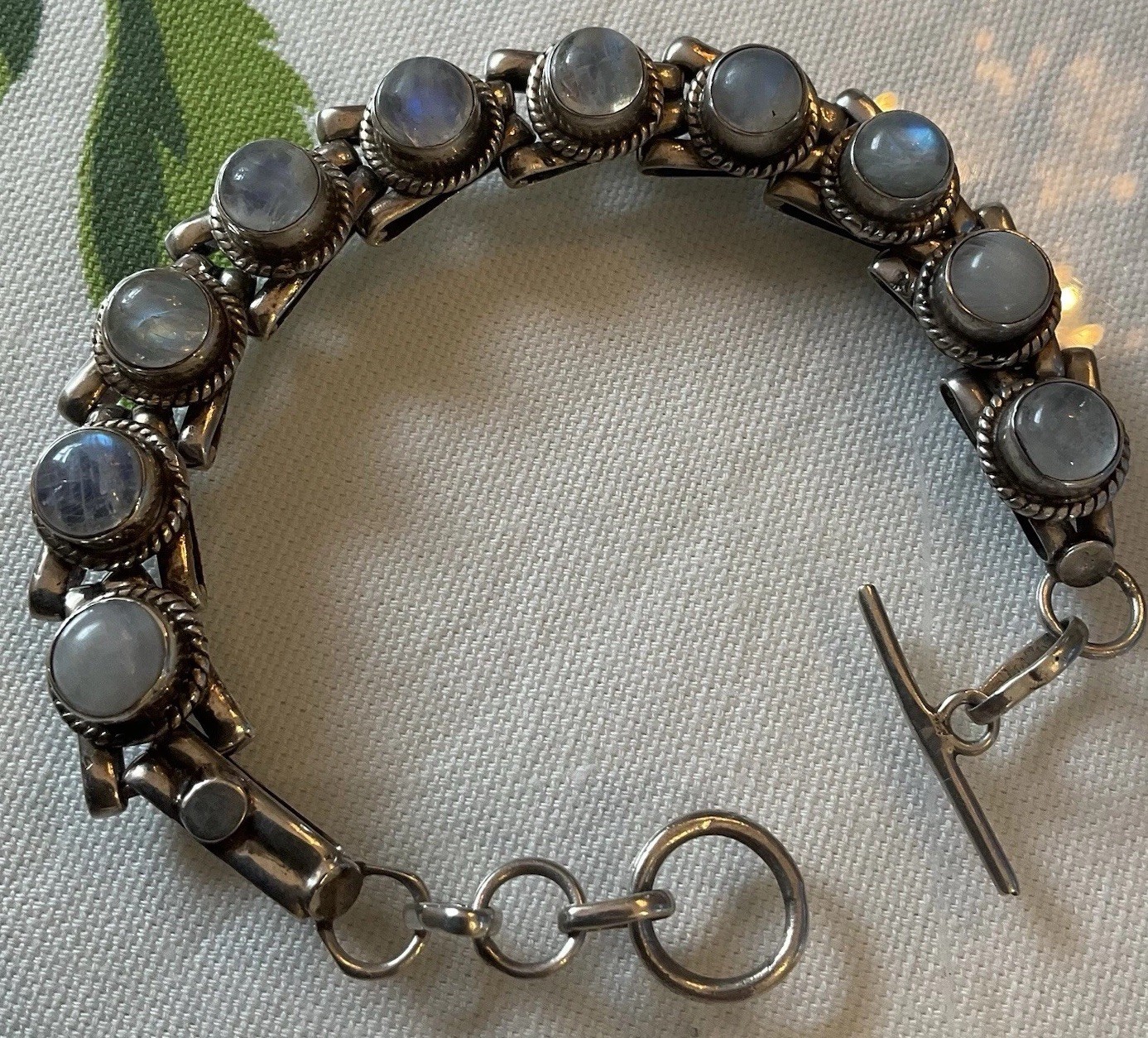 Vtg Mexican Sterling Silver Rainbow Moonstone Cabochon Rope Toggle Bracelet