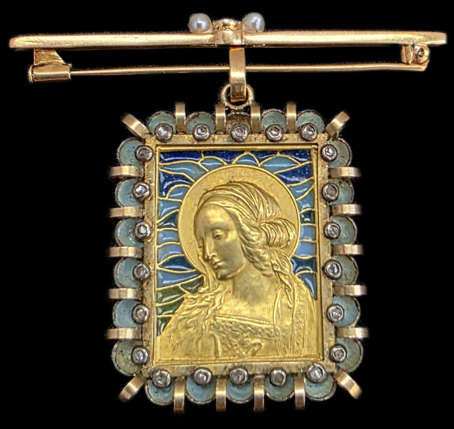Fine Antique Art Deco 18K Gold Plique a Jour Virgin Mary Pendant Brooch C 1930