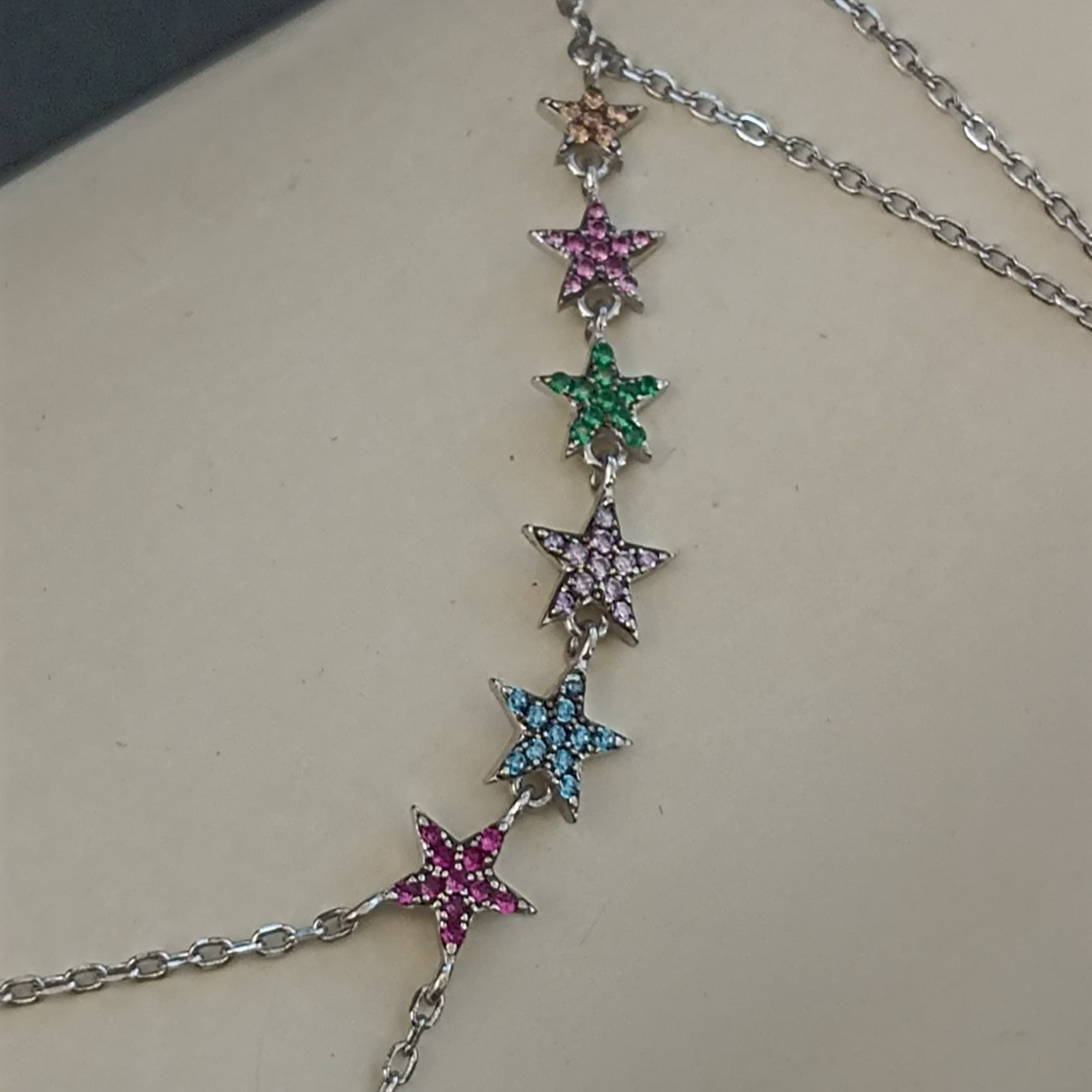 Hand Chain Bracelet Sterling Silver Slave Bracelet Ring Connected Stars Crystals