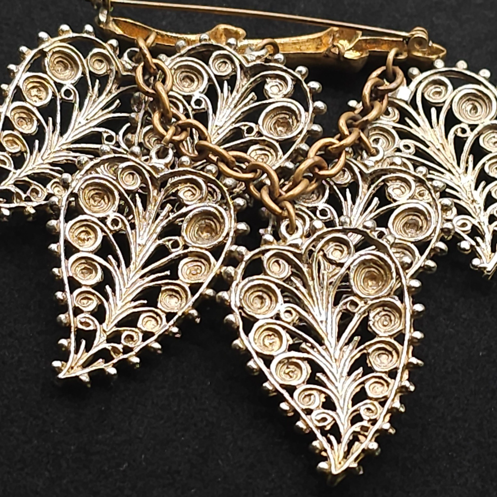 Vintage Filigree Dangle Leaf Brooch Statement Nature Gold & Silver Tone Ornate