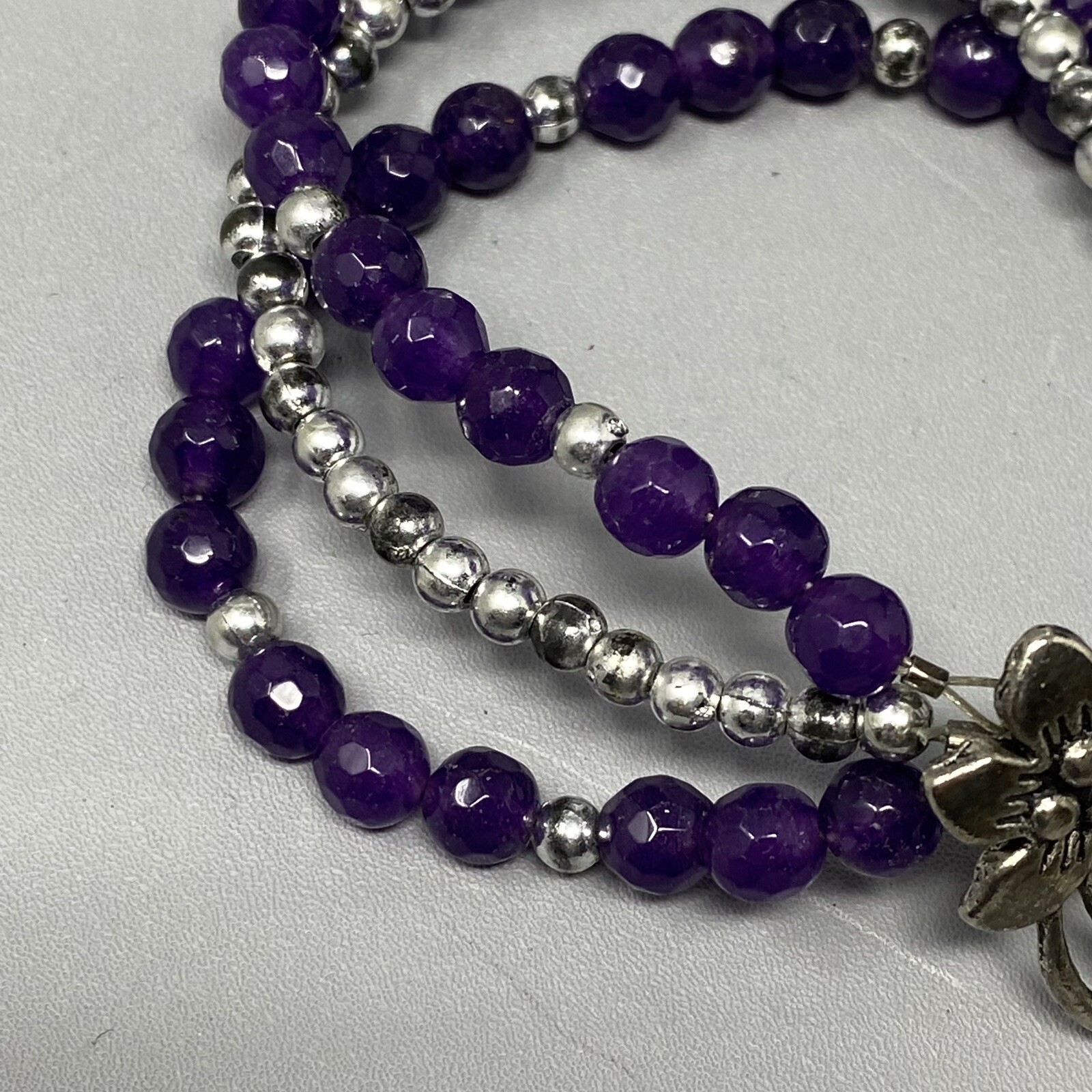 Amethyst Bracelet Purple Gemstone Faceted Stone Beads Layered Flower Toggle 6.75