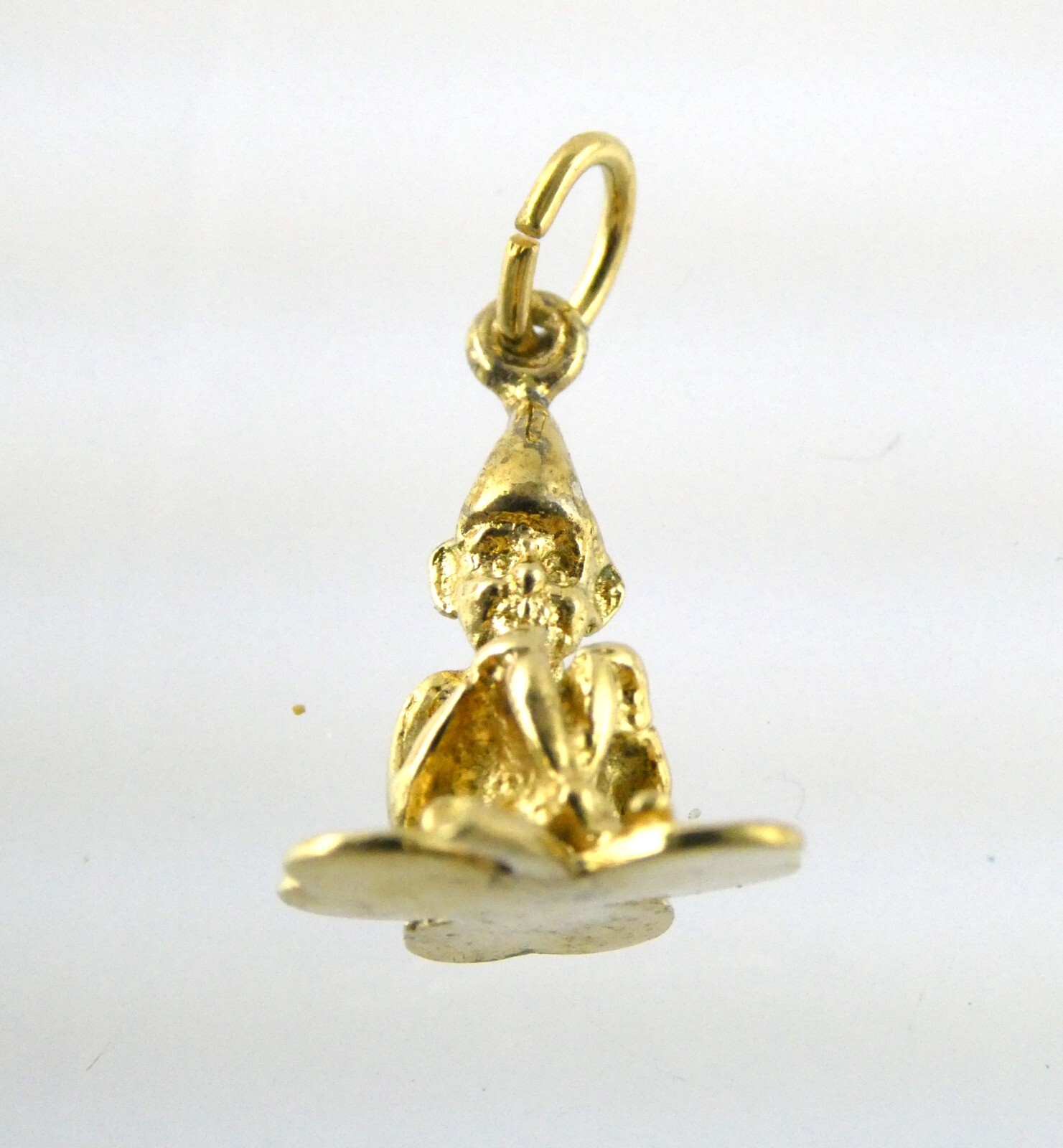 Vintage Gilt Sterling Silver Sitting Elf or Leprechaun Shamrock Pendant Charm
