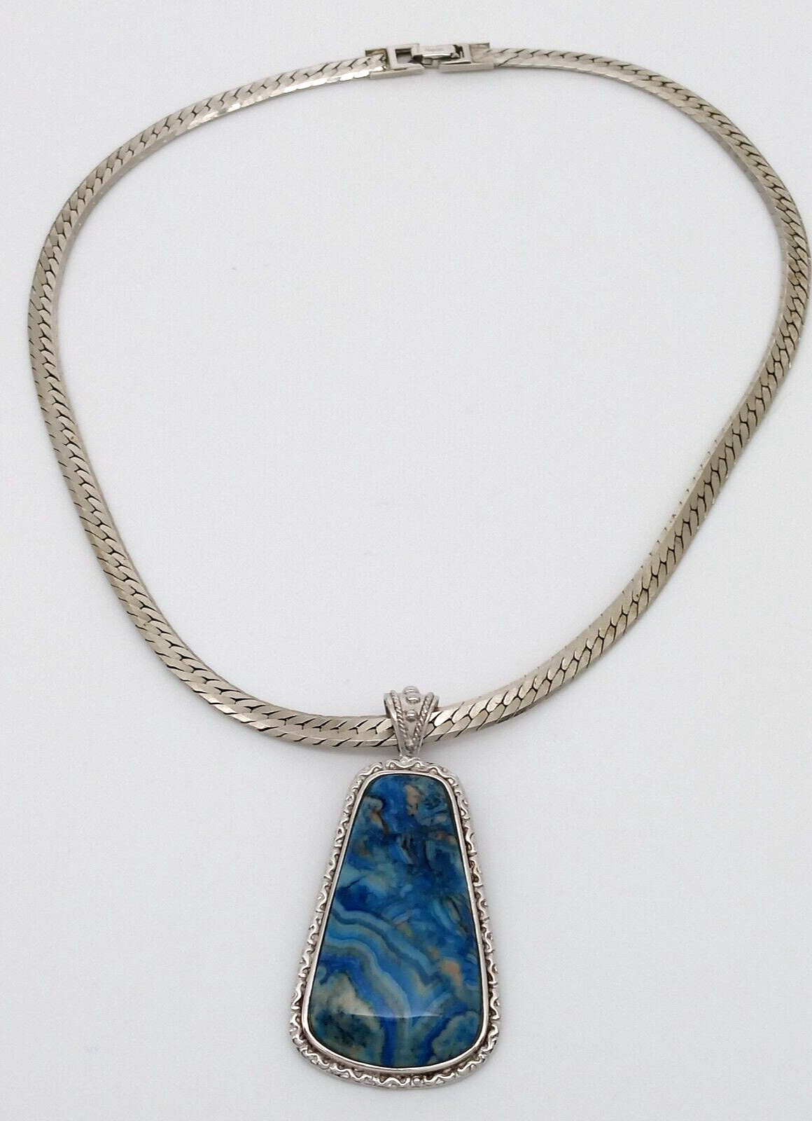 Napier Blue Stone Pendant Herringbone Chain Necklace Silver Tone Metal Shiny!