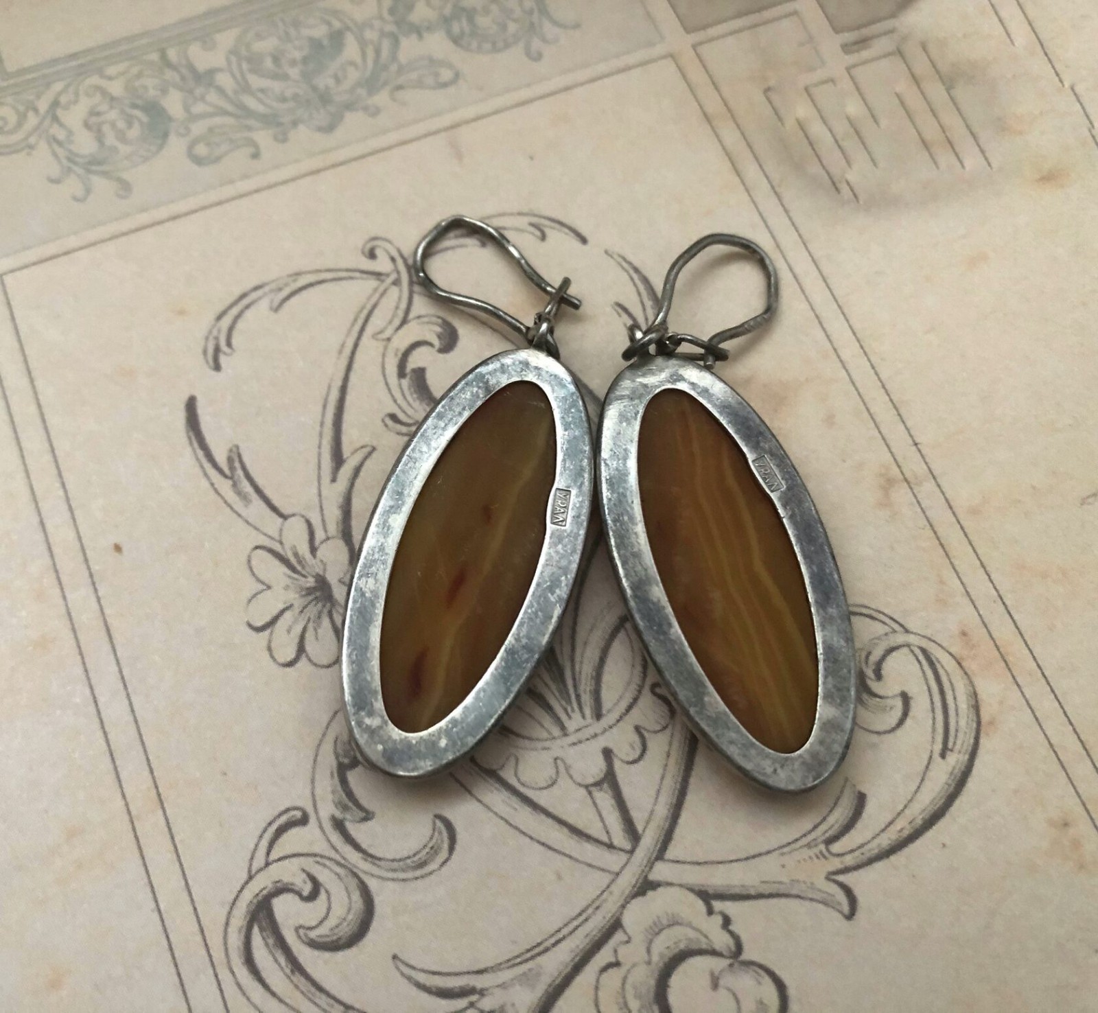 Estate Vintage Marquise Earrings Sterling Silver 875 Soviet Agate Stone USSR