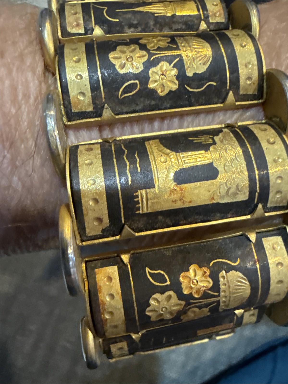 Vintage Spanish Damascene Bracelet Floral And Buildings