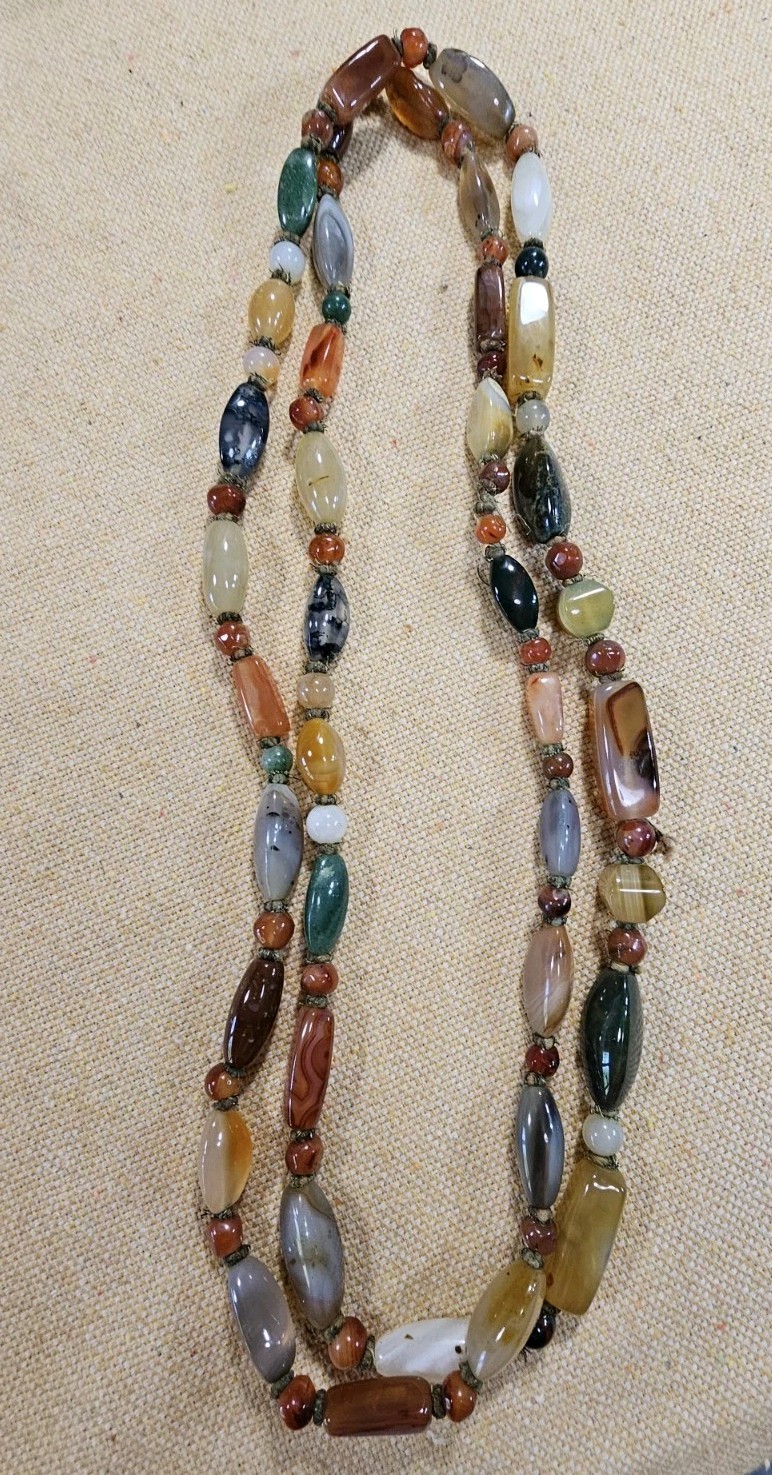 VTG Beggar Bead Genuine Stone Hand Knotted 60″ Necklace Agate Jade Carnelian