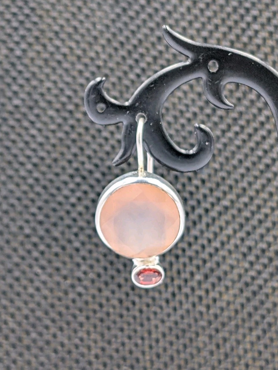 ISJ Vtg Sterling Silver Round Rose Quartz & Oval Garnet Hook Dangle 925 Earrings