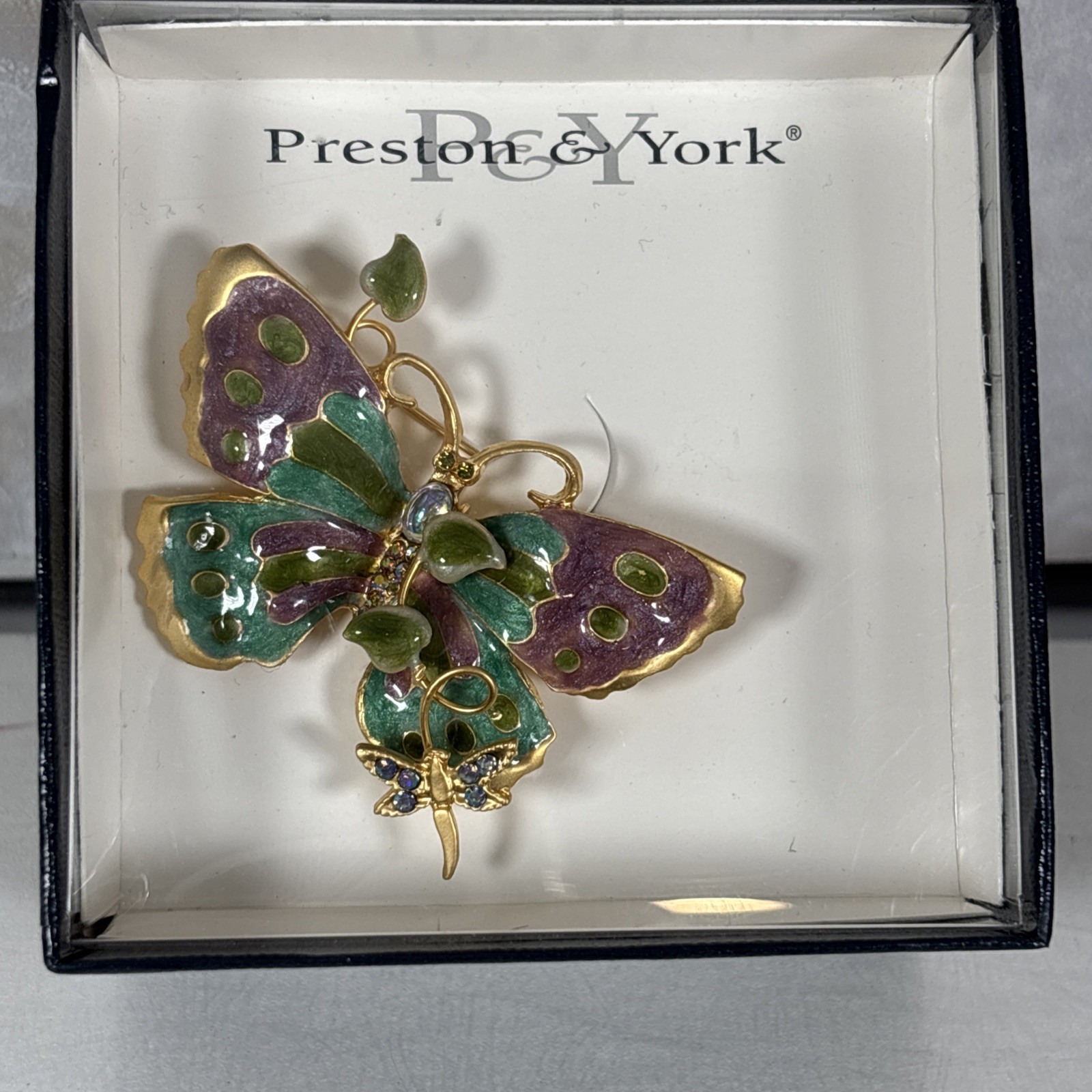 Enamel Mother BUTTERFLY w/ Baby Blue Green Violet Gold Tone Brooch Pin Metal