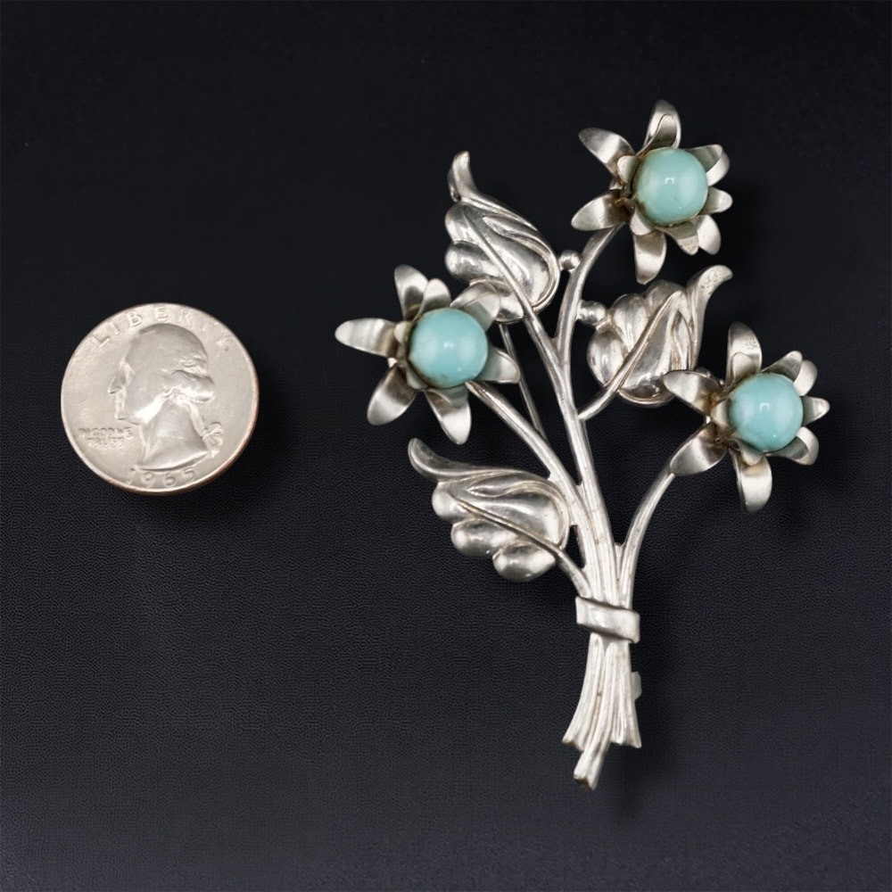 Vintage Floral Bouquet 3.5 in Brooch Blue Bead Silver Tone Statement Pin Retro