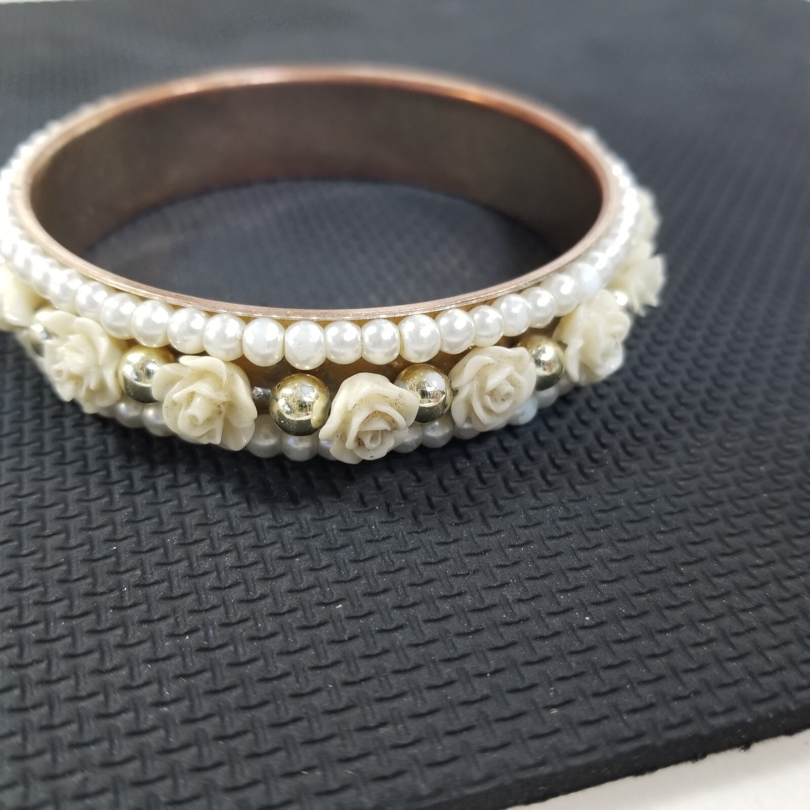 Faux Pearl Bracelet Flowers Vintage Statement Bangle