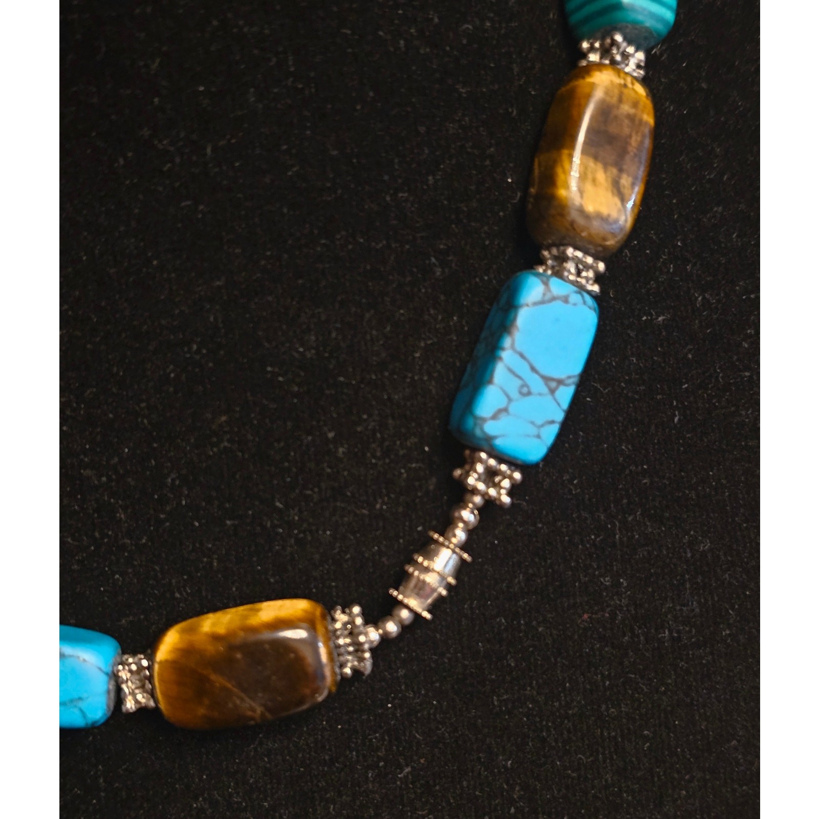 Vtg Gemstone Statement Necklace Tiger’s Eye Jade Malachite Onyx Carnelian 17″