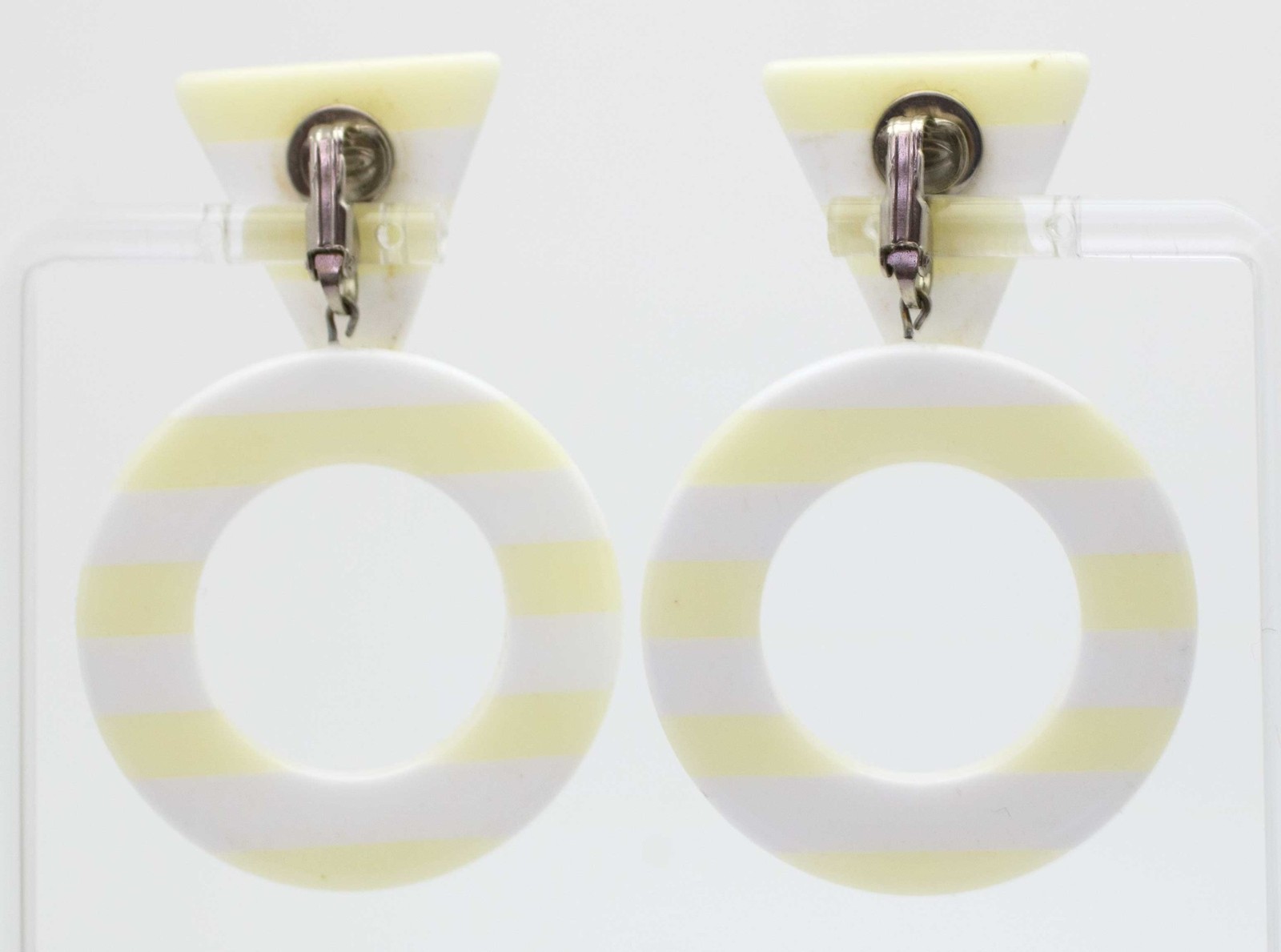 1980s Vintage Earrings Laminated Lucite Lemonade Yellow White Stripe New Wave