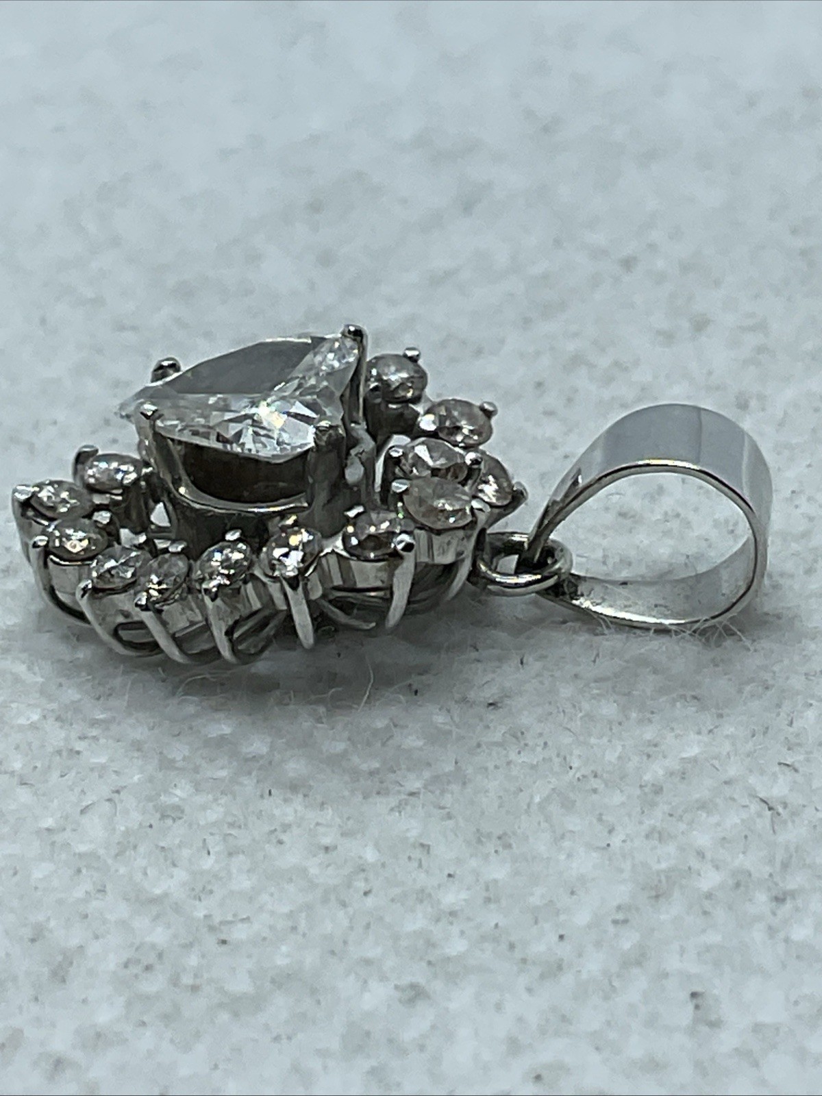 VINTAGE HANDMADE 8K White Gold Solitaire Diamond w/Accents Pendant & 11K Lock