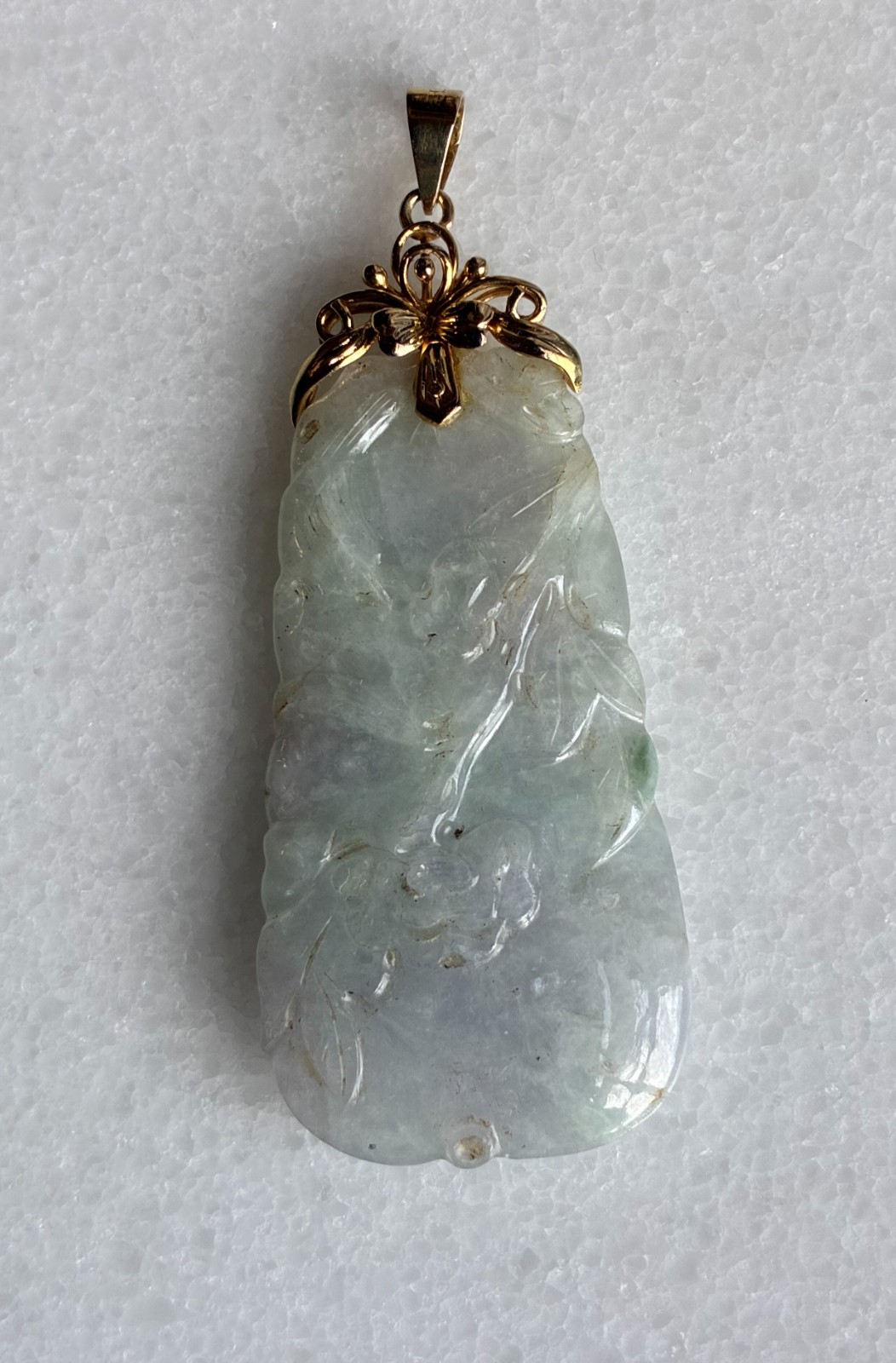 VTG Large Carved Jade Jadeite Pendant 14K 585 Gold Fancy Mount & Bail~ 2 3/4″