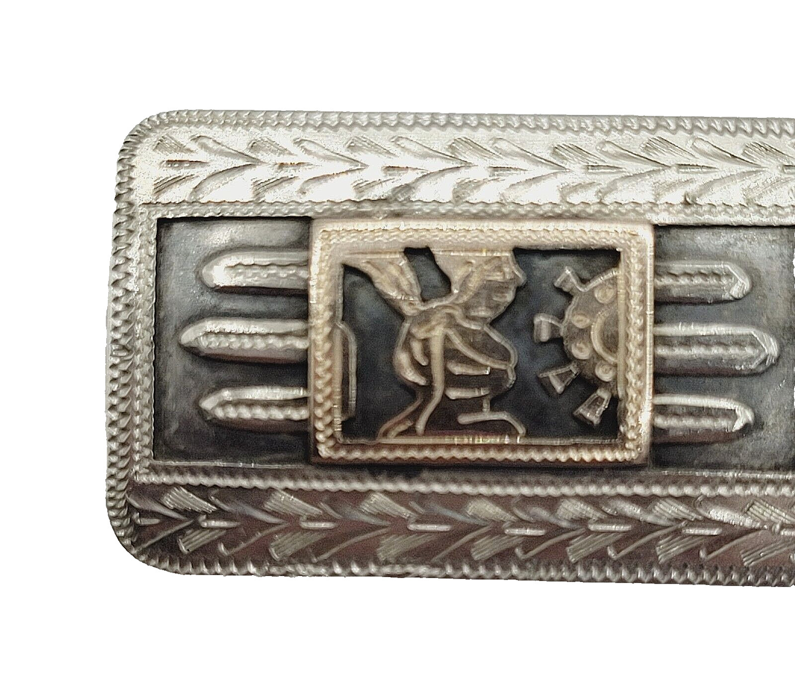 Guatemala Maya Mayan Relief Image Long Silver & Copper Tone Vintage Brooch Pin