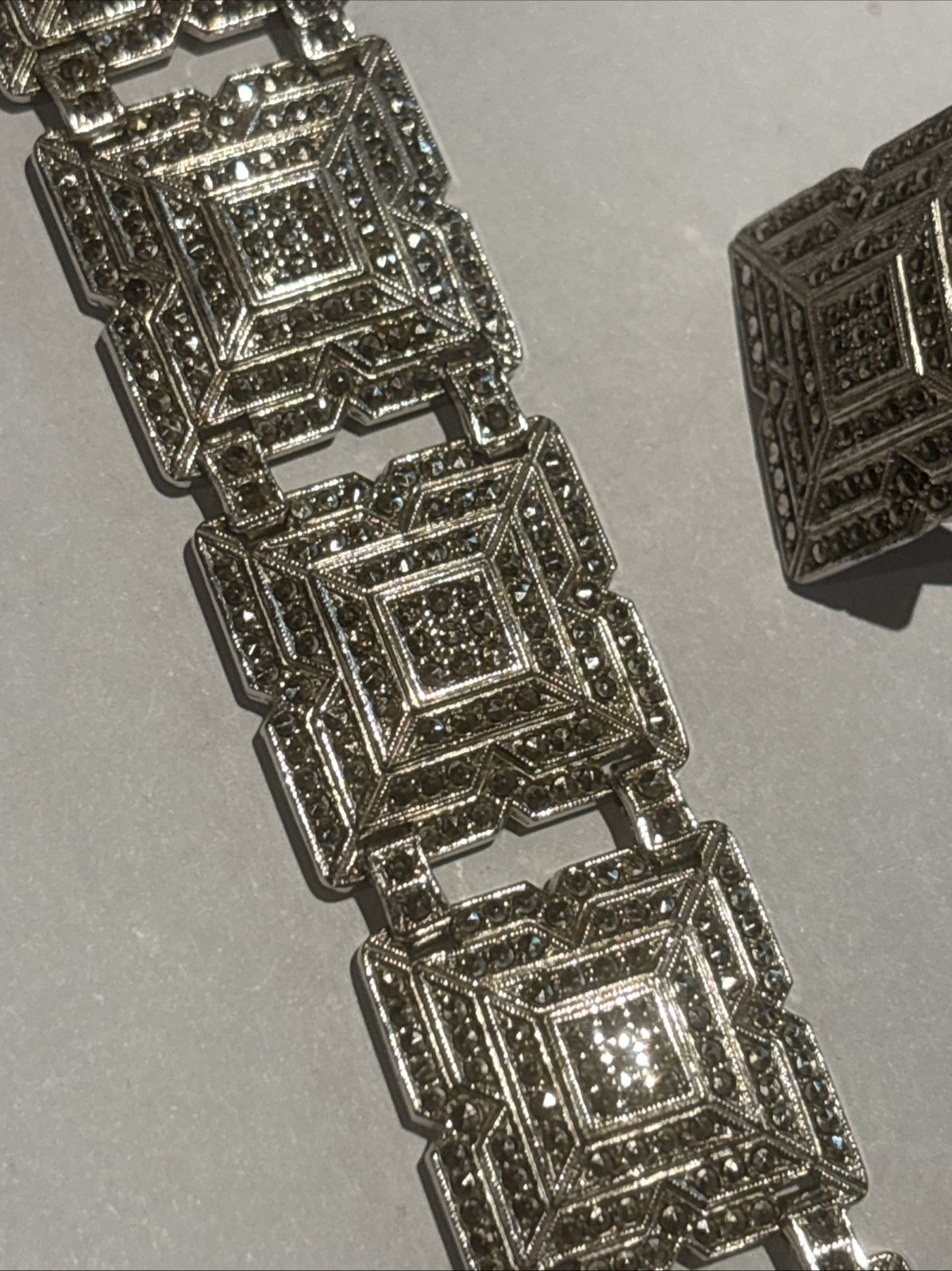 Vintage Art Deco Sterling Marcasite Bracelet & Ring & Earrings Set 64 Grams
