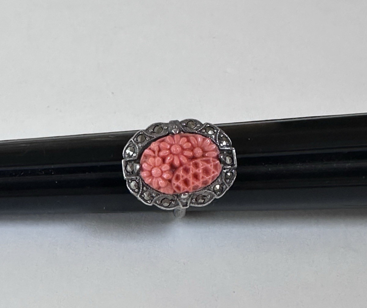 Carved Coral Floral Design Marcasite Art Deco Antique Sterling Silver Ring 5.5