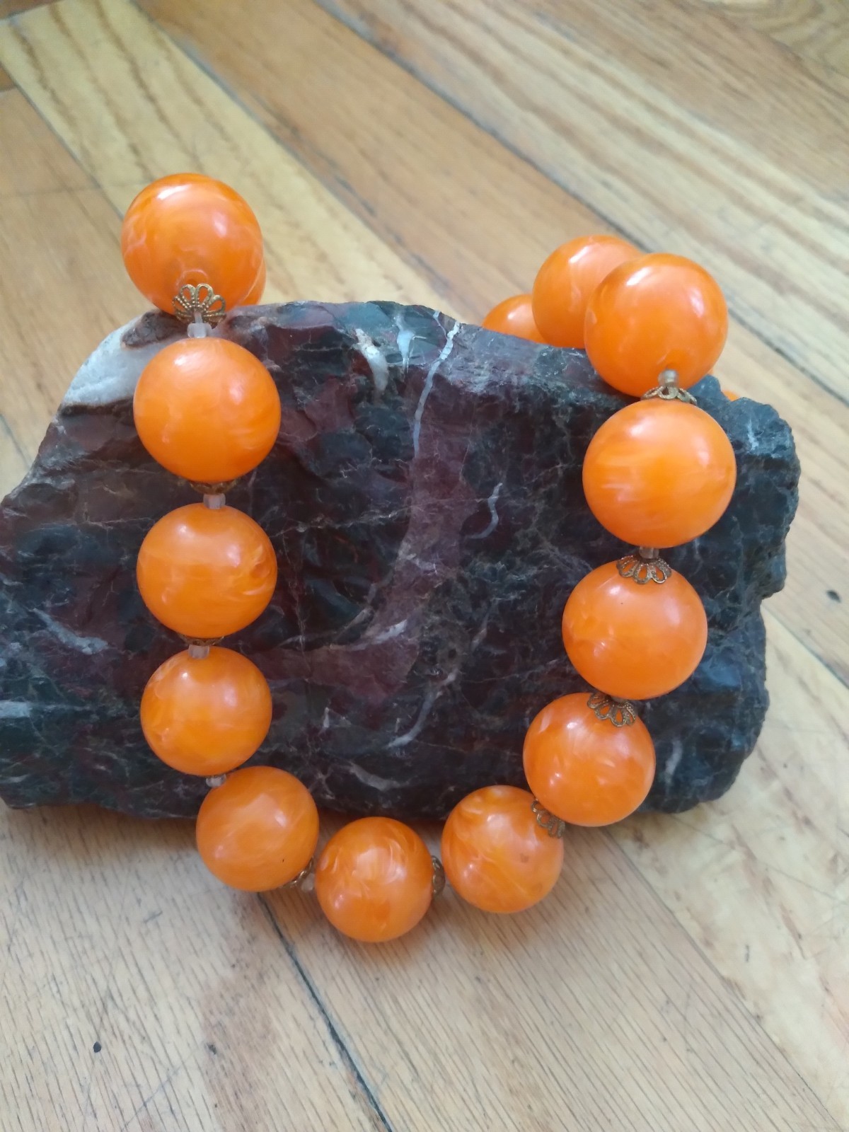 Vintage Orange Lucite Chucky Round Statement Necklace 22 Inches